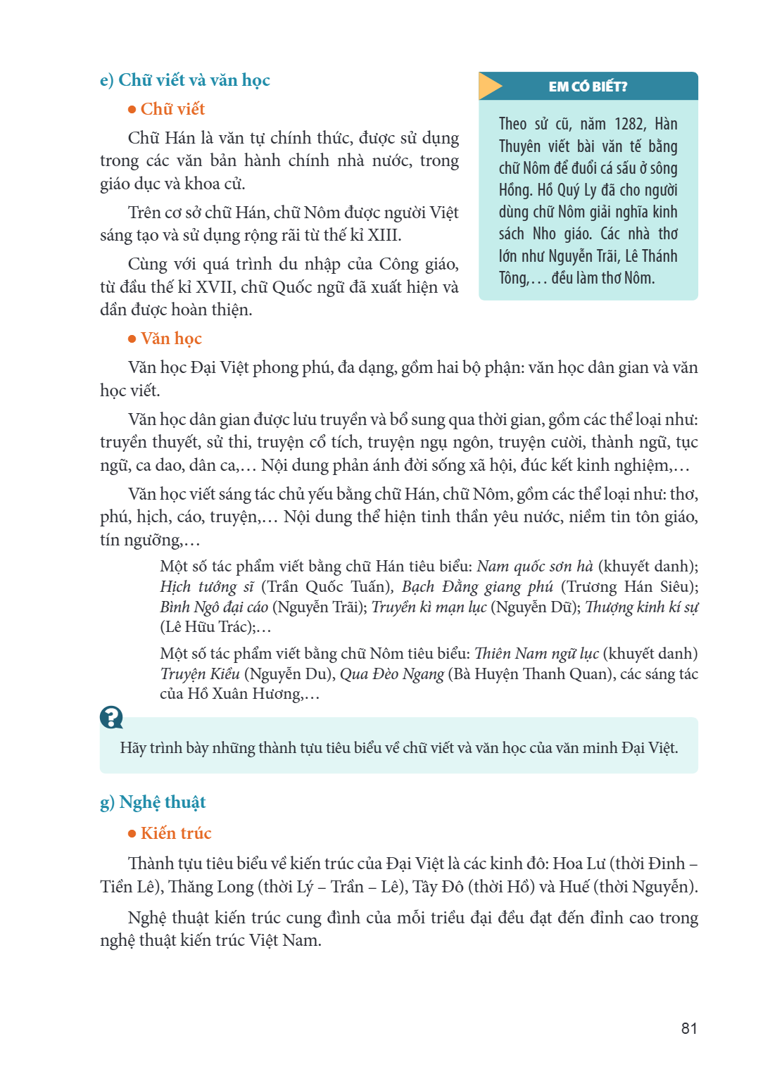 e) Chữ viết và văn học • Chữ viết Chữ Hán là văn tự chính thức, được sử dụng trong các văn bản hành chính nhà nước, trong giáo dục và khoa cử. Trên cơ sở chữ Há