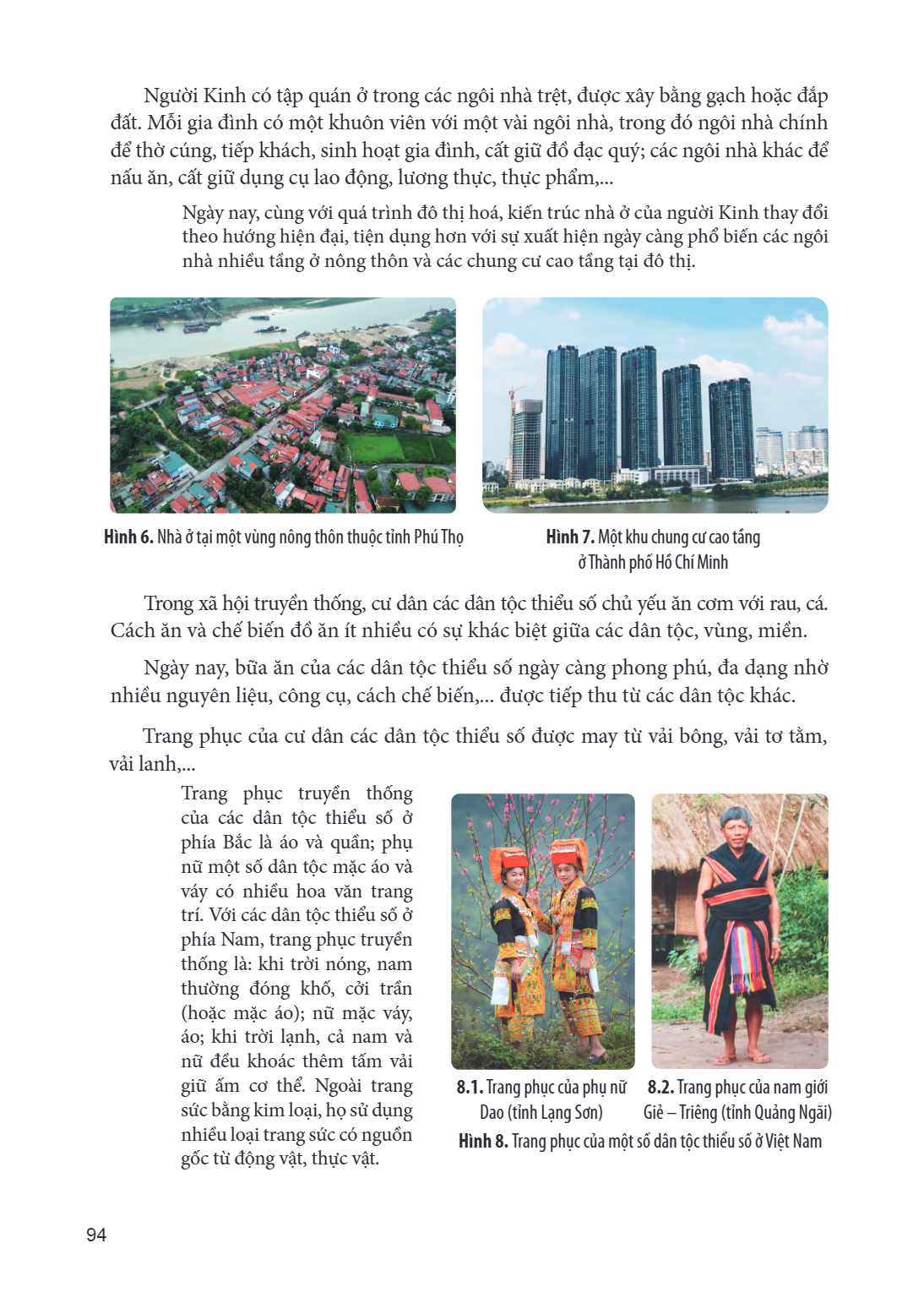 Người Kinh có tập quán ở trong các ngôi nhà trệt, được xây bằng gạch hoặc đắp đất. Mỗi gia đình có một khuôn viên với một vài ngôi nhà, trong đó ngôi nhà chính 