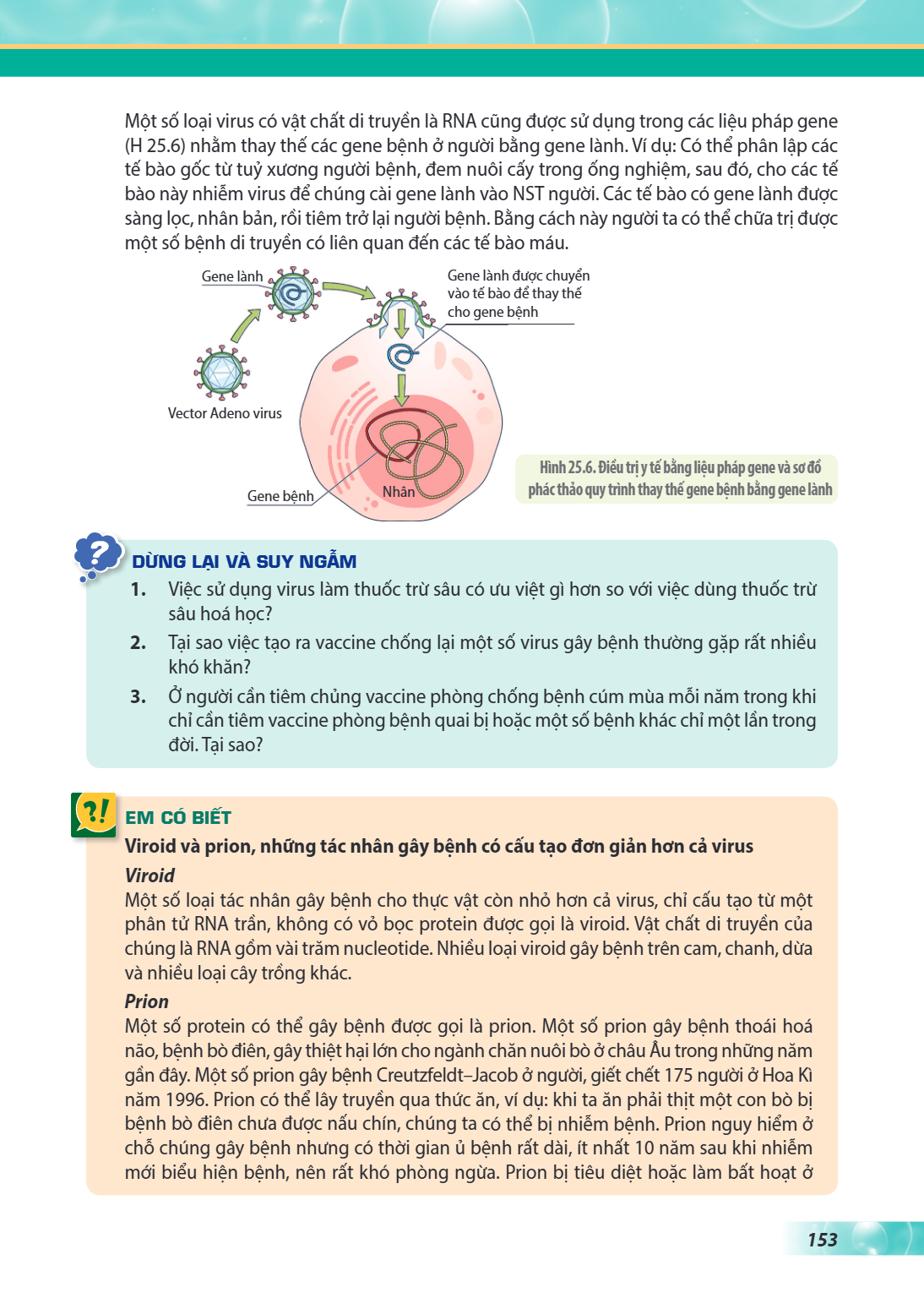 Một số loại virus có vật chất di truyền là RNA cũng được sử dụng trong các liệu pháp gene (H 25.6) nhằm thay thế các gene bệnh ở người bằng gene lành. Ví dụ: Có