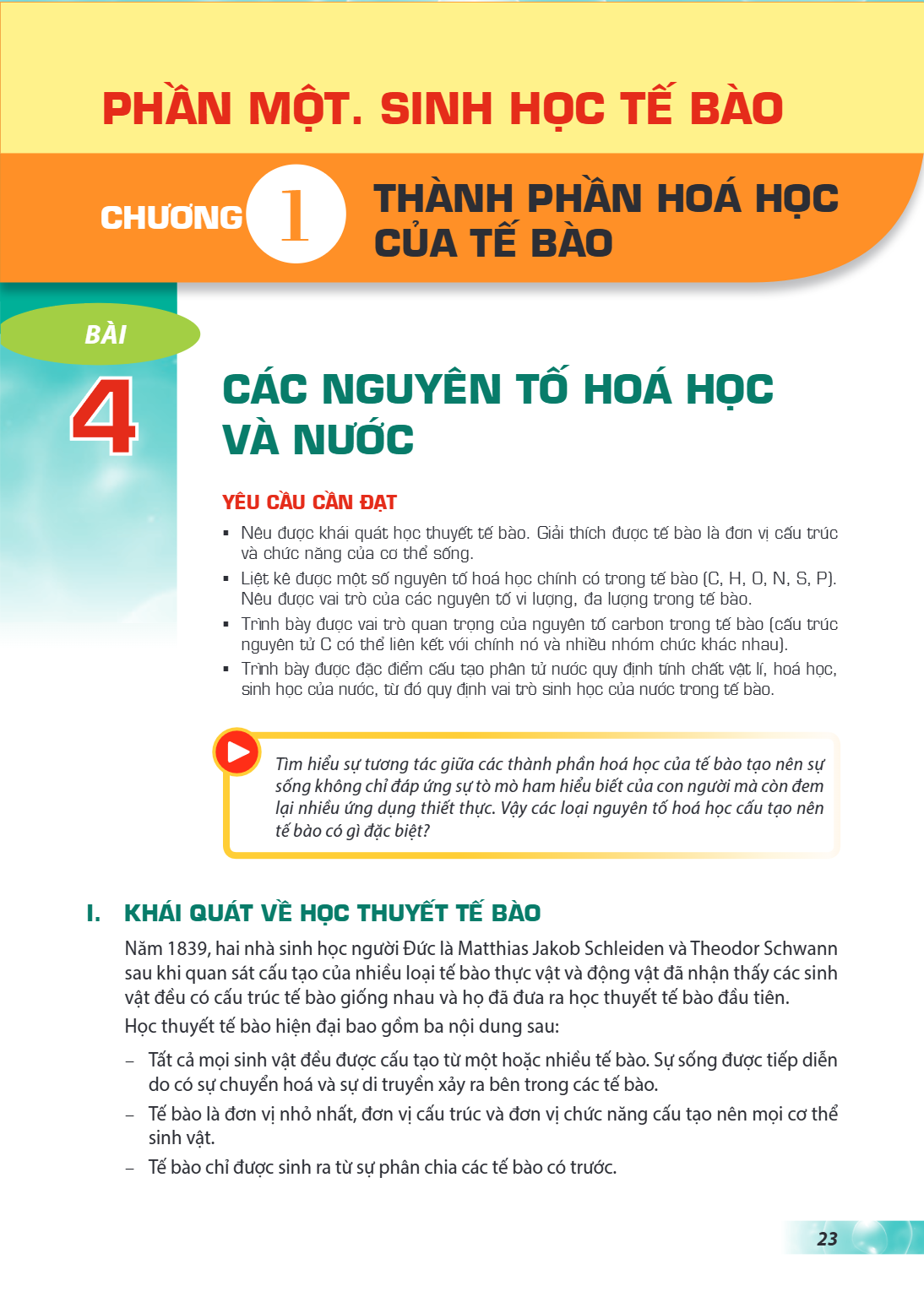 Chương 1: THÀNH PHẦN HOÁ HỌC CỦA TẾ BÀO Bài 4. Các nguyên tố hoá học và nước YÊU CẦU CẦN ĐẠT Nêu được khái quát học thuyết tế bào. Giải thích được tế bào là đơn