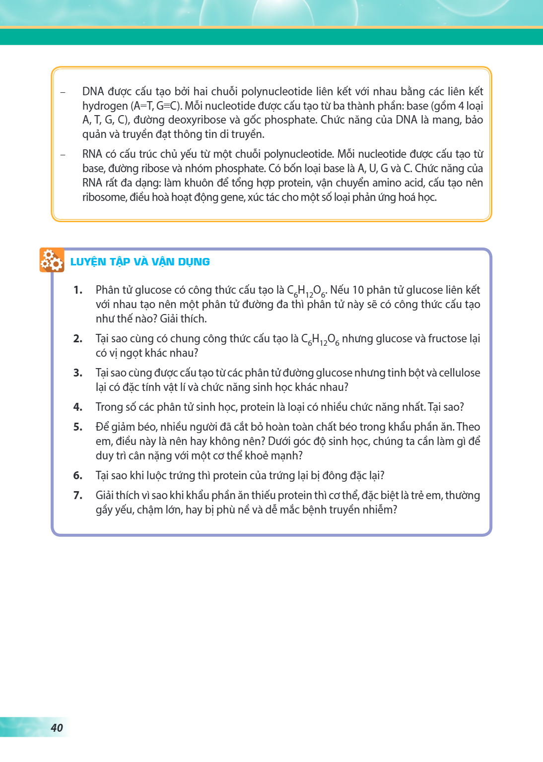DNA được cấu tạo bởi hai chuỗi polynucleotide liên kết với nhau bằng các liên kết hydrogen (A=T, G≡C). Mỗi nucleotide được cấu tạo từ ba thành phần: base (gồm 4
