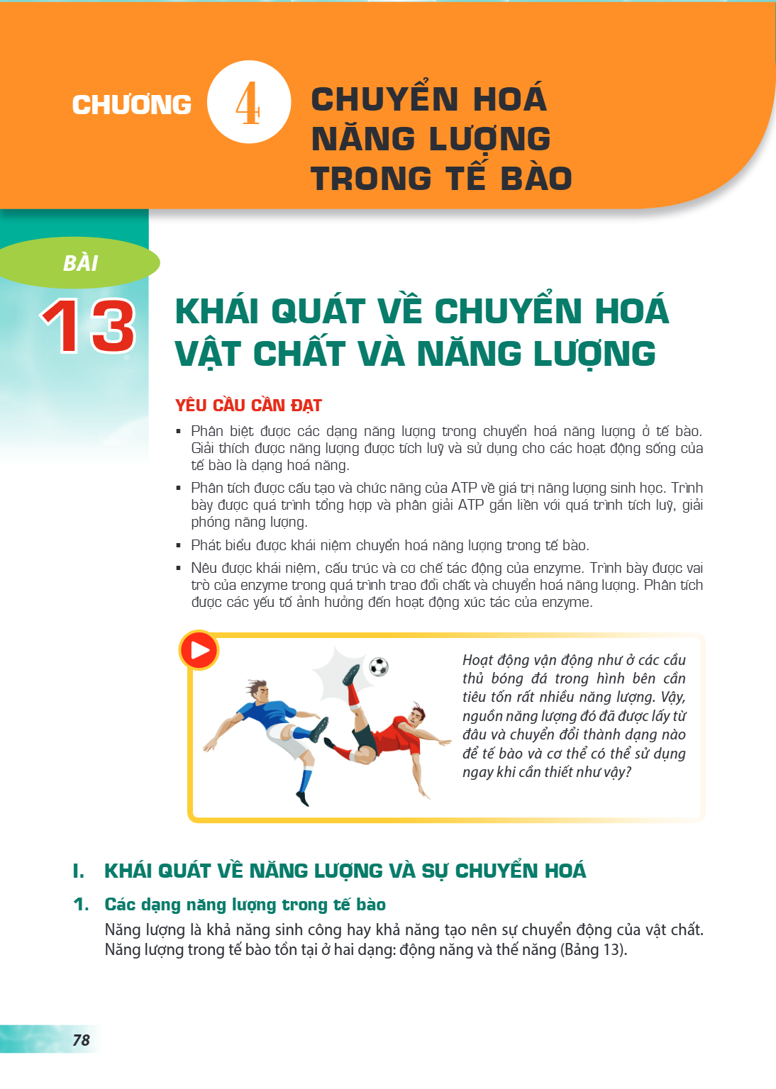 Chương 4. CHUYỂN HOÁ NĂNG LƯỢNG TRONG TẾ BÀO Bài 13. Khái quát về chuyển hoá vật chất và năng lượng YÊU CẦU CẦN ĐẠT: Phân biệt được các dạng năng lượng trong ch