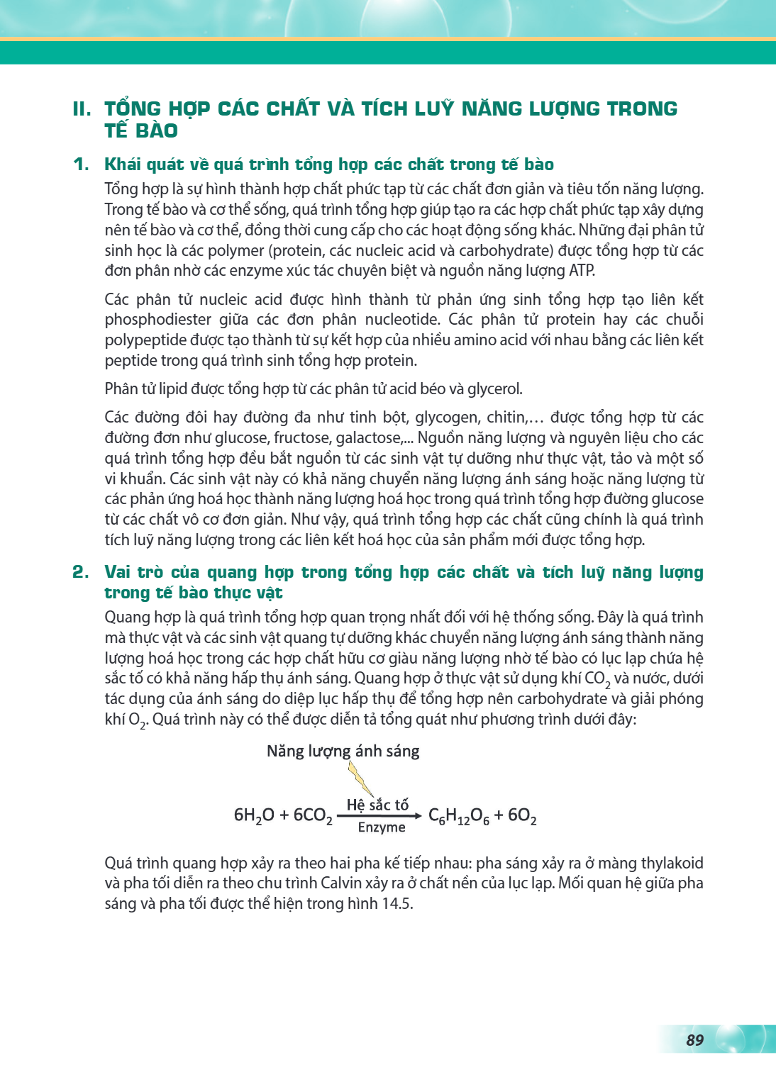II. TỔNG HỢP CÁC CHẤT VÀ TÍCH LUỸ NĂNG LƯỢNG TRONG TẾ BÀO 1. Khái quát về quá trình tổng hợp các chất trong tế bào Tổng hợp là sự hình thành hợp chất phức tạp t