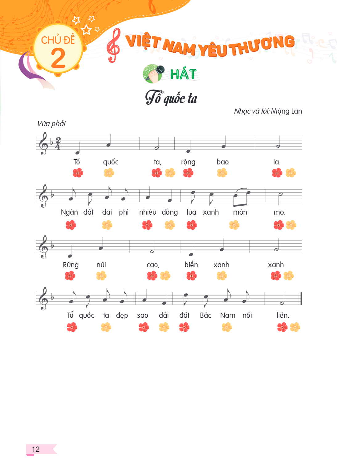 CHỦ ĐỀ 2 VIỆT NAM YÊU THƯƠNG HÁT Tổ quốc ta Nhạc và lời: Mộng Lân Vừa phải Tổ quốc ta, rộng bao la. Ngàn đất đai phì nhiêu đồng lúa xanh mơn mơ. Rừng núi cao, b