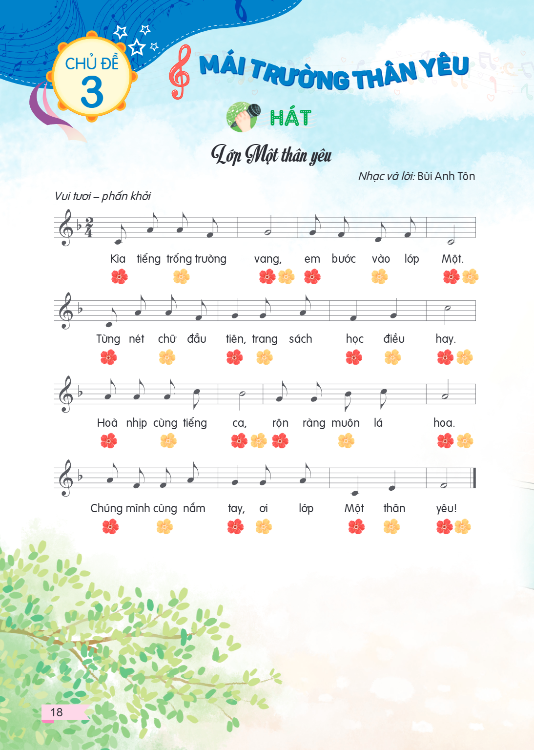 Chủ đề 3. Mái trường thân yêu HÁT Lớp Một thân yêu Nhạc và lời: Bùi Anh Tôn Vui tươi – phần khởi Kia tiếng trống trường vang, em bước vào lớp Một. Từng nét chữ 