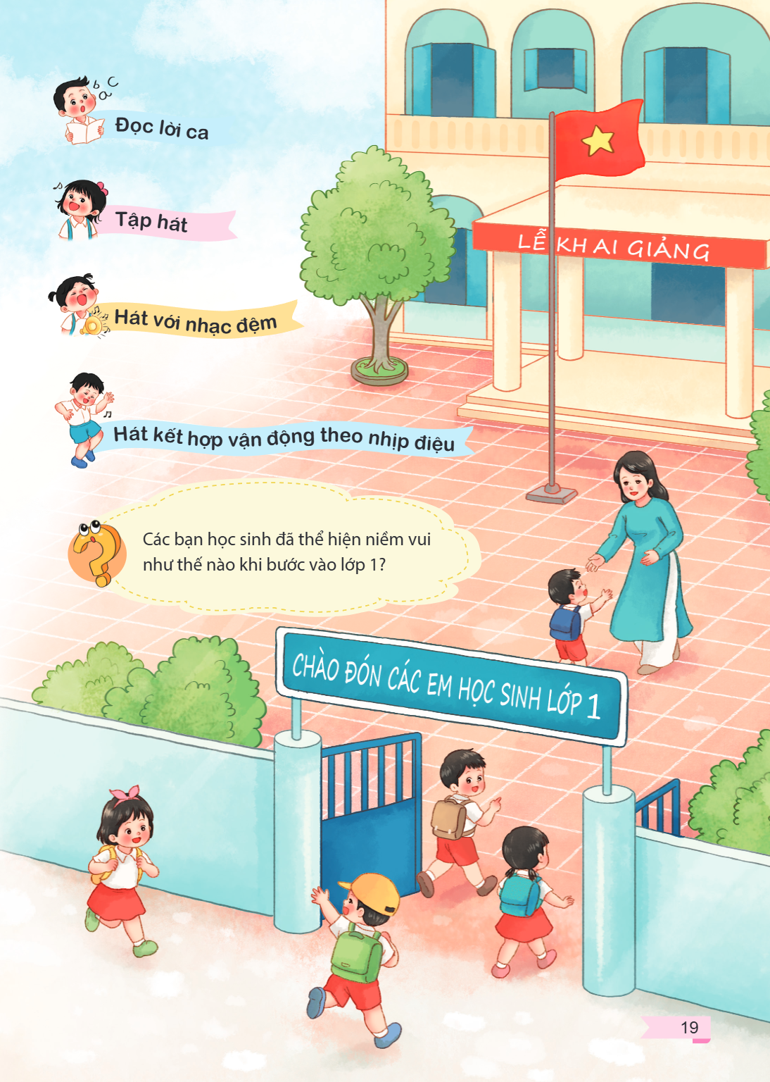 Đọc lời ca Tập hát Hát với nhạc đệm Hát kết hợp vận động theo nhịp điệu Các bạn học sinh đã thể hiện niềm vui như thế nào khi bước vào lớp 1? LỄ KHAI GIẢNG CHÀO