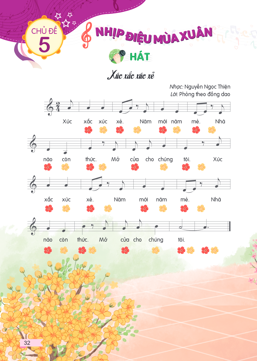 CHỦ ĐỀ 5 NHỊP ĐIỆU MÙA XUÂN HÁT Xúc xắc xúc xẻ Nhạc: Nguyễn Ngọc Thiện Lời: Phỏng theo đồng dao Xúc xắc xúc xẻ. Năm mới năm mẻ. Nhà nào còn thức. Mở cửa cho chú