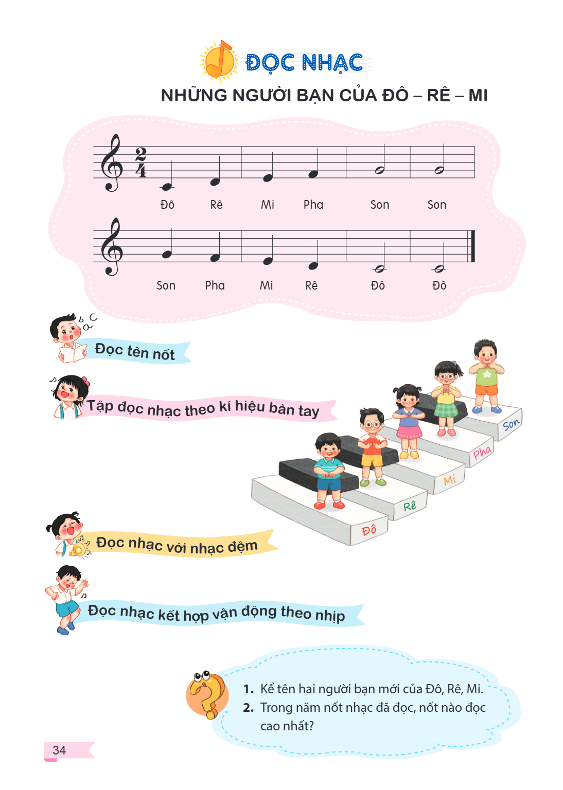 ĐỌC NHẠC NHỮNG NGƯỜI BẠN CỦA ĐÔ – RÊ – MI Đọc tên nốt Tập đọc nhạc theo kí hiệu bàn tay Đọc nhạc với nhạc đệm Đọc nhạc kết hợp vận động theo nhịp Kể tên hai ngư