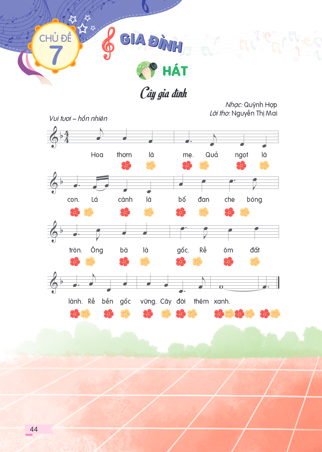 Chủ đề 7. GIA ĐÌNH HÁT Cây gia đình Nhạc: Quỳnh Hợp Lời thơ: Nguyễn Thị Mai Vui tươi – hồn nhiên Hoa thơm là mẹ. Quả ngọt là con. Lá cành là bố đan che bóng trò
