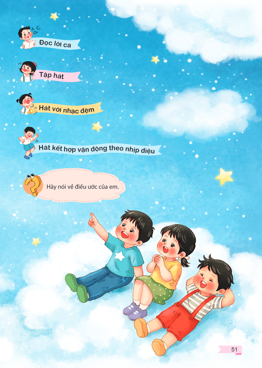 Đọc lời ca Tập hát Hát với nhạc đệm Hát kết hợp vận động theo nhịp điệu Hãy nói về điều ước của em.