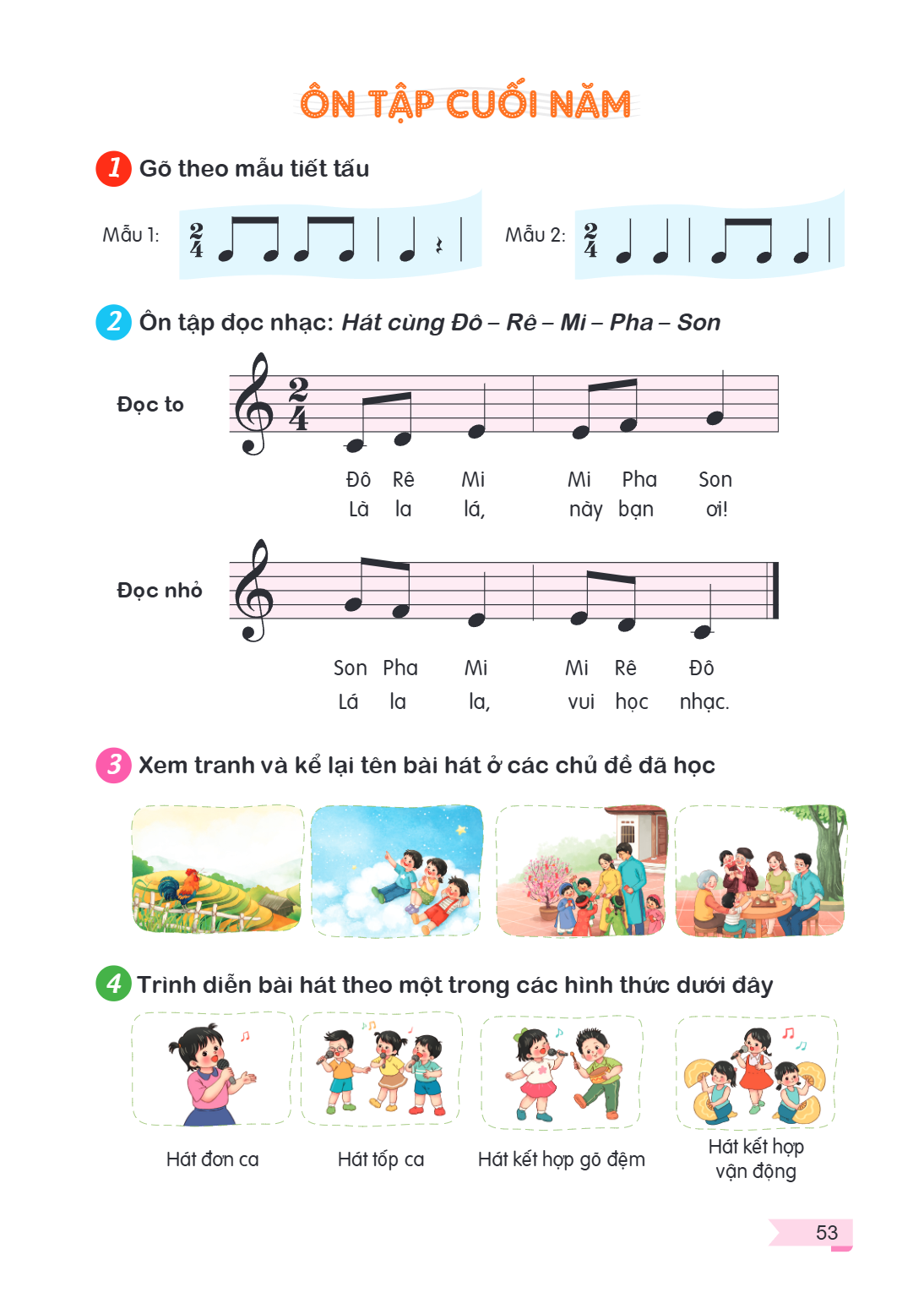 Ôn tập cuối năm Gõ theo mẫu tiết tấu Mẫu 1: $\frac{2}{4}$ [Nhạc hình] | Mẫu 2: $\frac{2}{4}$ [Nhạc hình] Ôn tập đọc nhạc: Hát cùng Đô – Rê – Mi – Pha – Son Đọc 