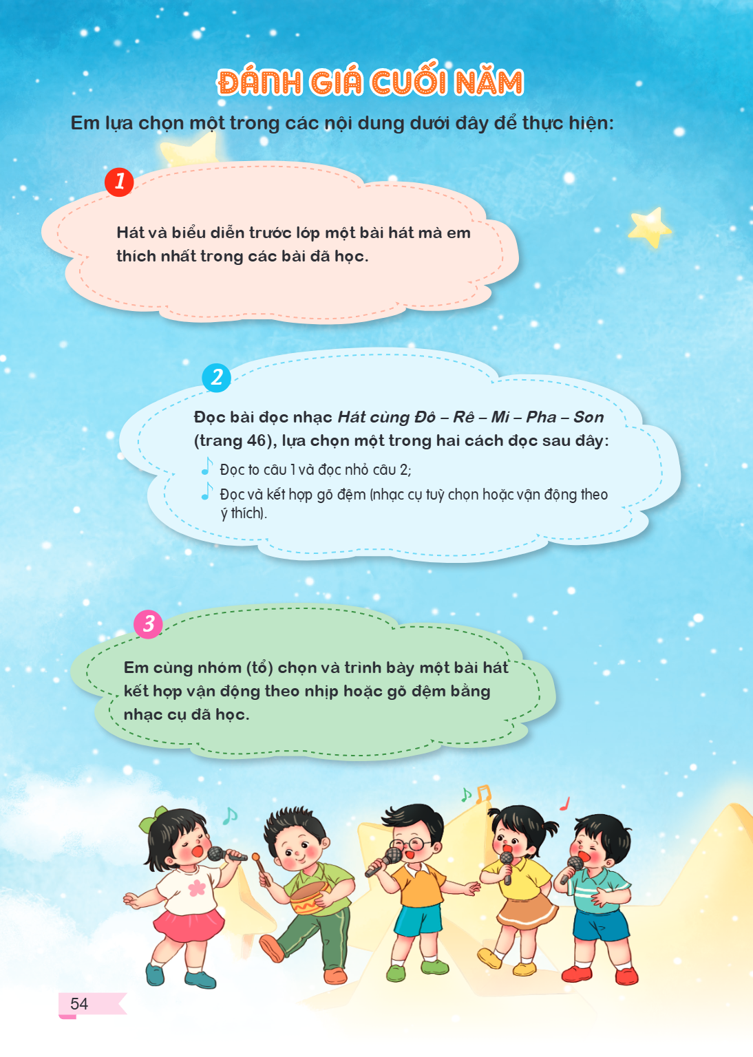Đánh giá cuối năm Em lựa chọn một trong các nội dung dưới đây để thực hiện: Hát và biểu diễn trước lớp một bài hát mà em thích nhất trong các bài đã học. Đọc bà
