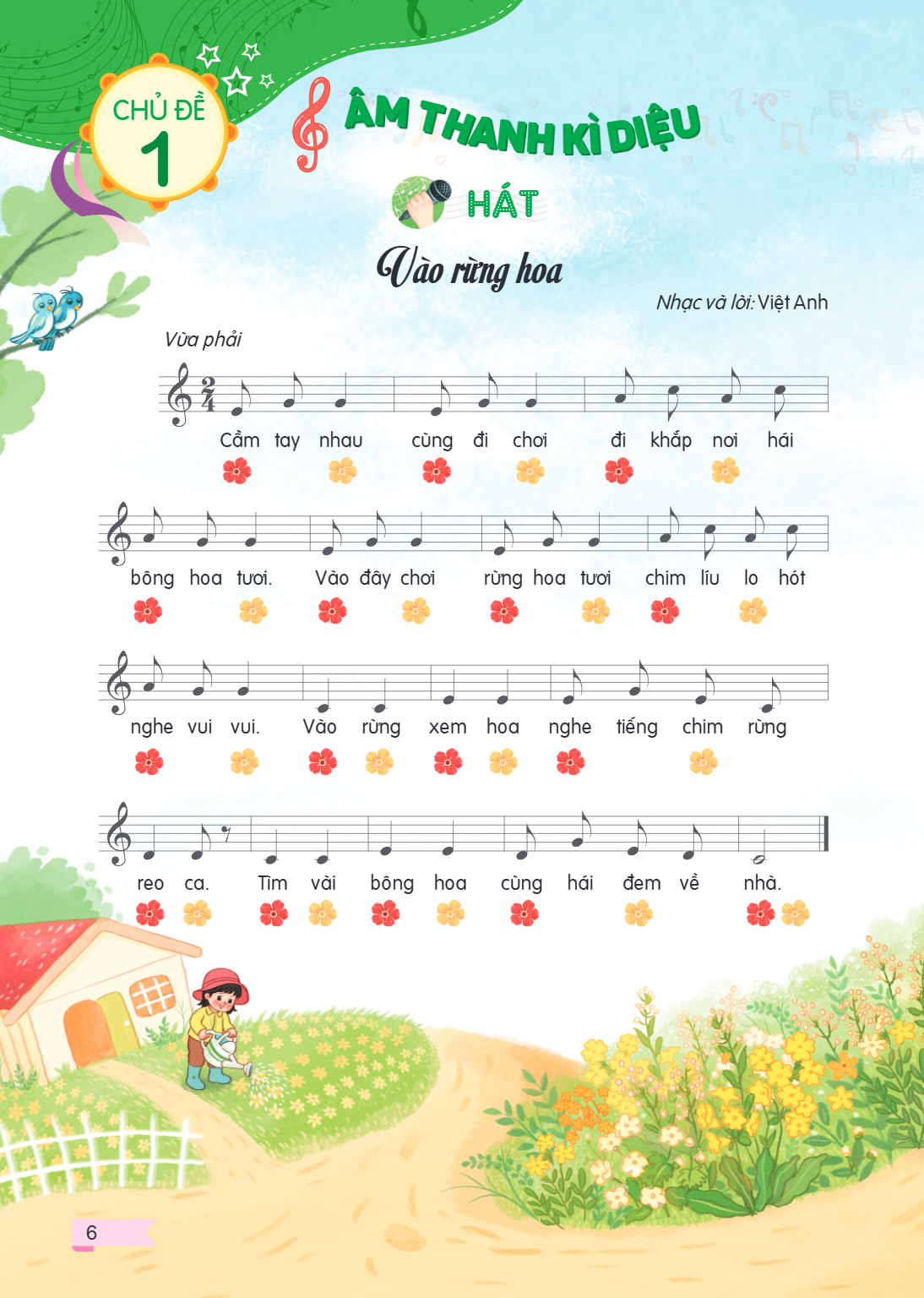 CHỦ ĐỀ 1 ÂM THANH KÌ DIỆU HÁT Vào rừng hoa Nhạc và lời: Việt Anh Vừa phải Cầm tay nhau cùng đi chơi đi khắp nơi hái bông hoa tươi. Vào đây chơi rừng hoa tươi ch