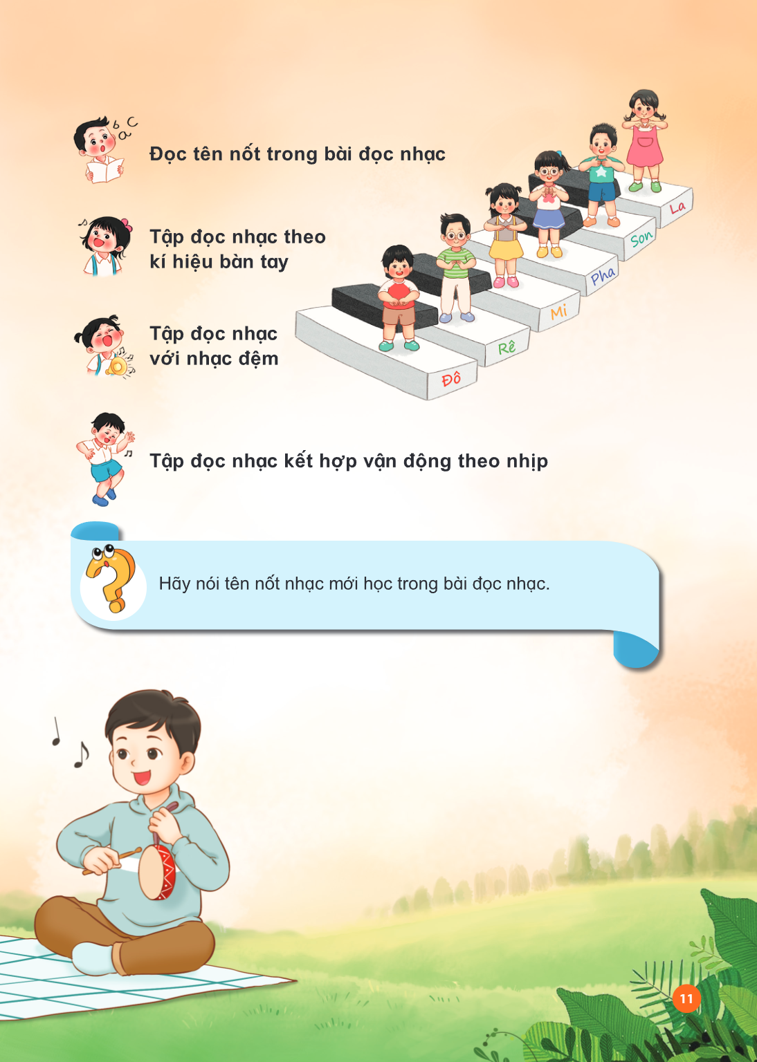 Đọc tên nốt trong bài đọc nhạc Tập đọc nhạc theo kí hiệu bàn tay Tập đọc nhạc với nhạc đệm Tập đọc nhạc kết hợp vận động theo nhịp Hãy nói tên nốt nhạc mới học 
