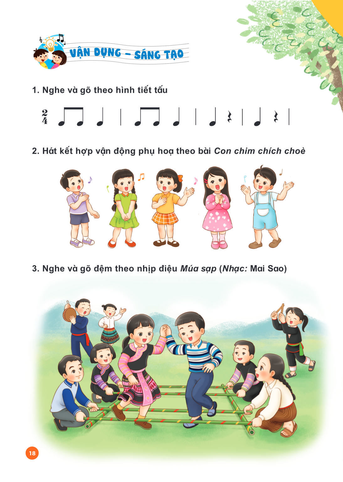VẬN DỤNG – SÁNG TẠO Nghe và gõ theo hình tiết tấu $\frac{2}{4}$ ♫ ♩ | ♫ ♩ | ♩ 𝄾 | ♩ 𝄾 | Hát kết hợp vận động phụ hoạ theo bài Con chim chích choè Nghe và gõ đệm