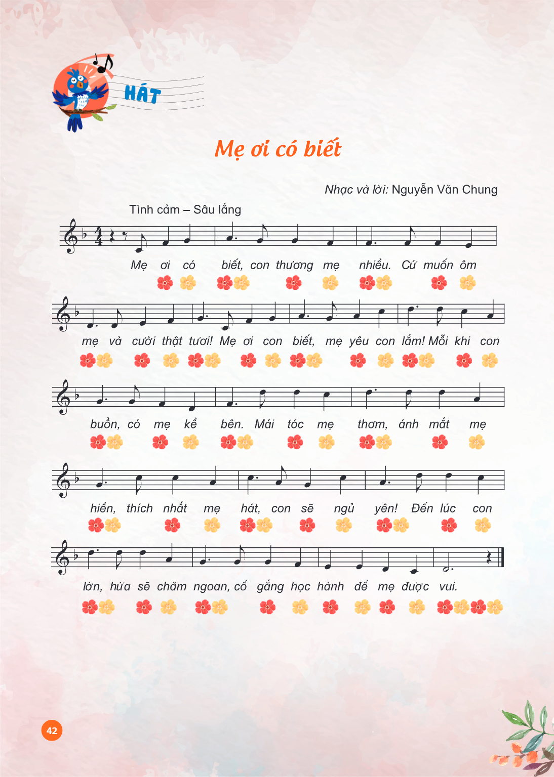 HÁT Mẹ ơi có biết Nhạc và lời: Nguyễn Văn Chung Tình cảm – Sâu lắng Mẹ ơi có biết, con thương mẹ nhiều. Cứ muốn ôm mẹ và cười thật tươi! Mẹ ơi con biết, mẹ yêu 