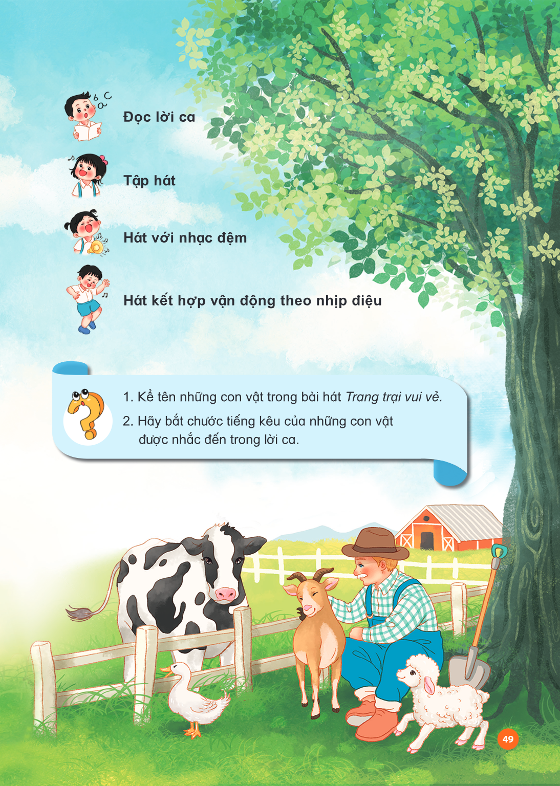 Đọc lời ca Tập hát Hát với nhạc đệm Hát kết hợp vận động theo nhịp điệu Kể tên những con vật trong bài hát Trang trại vui vẻ. Hãy bắt chước tiếng kêu của những 