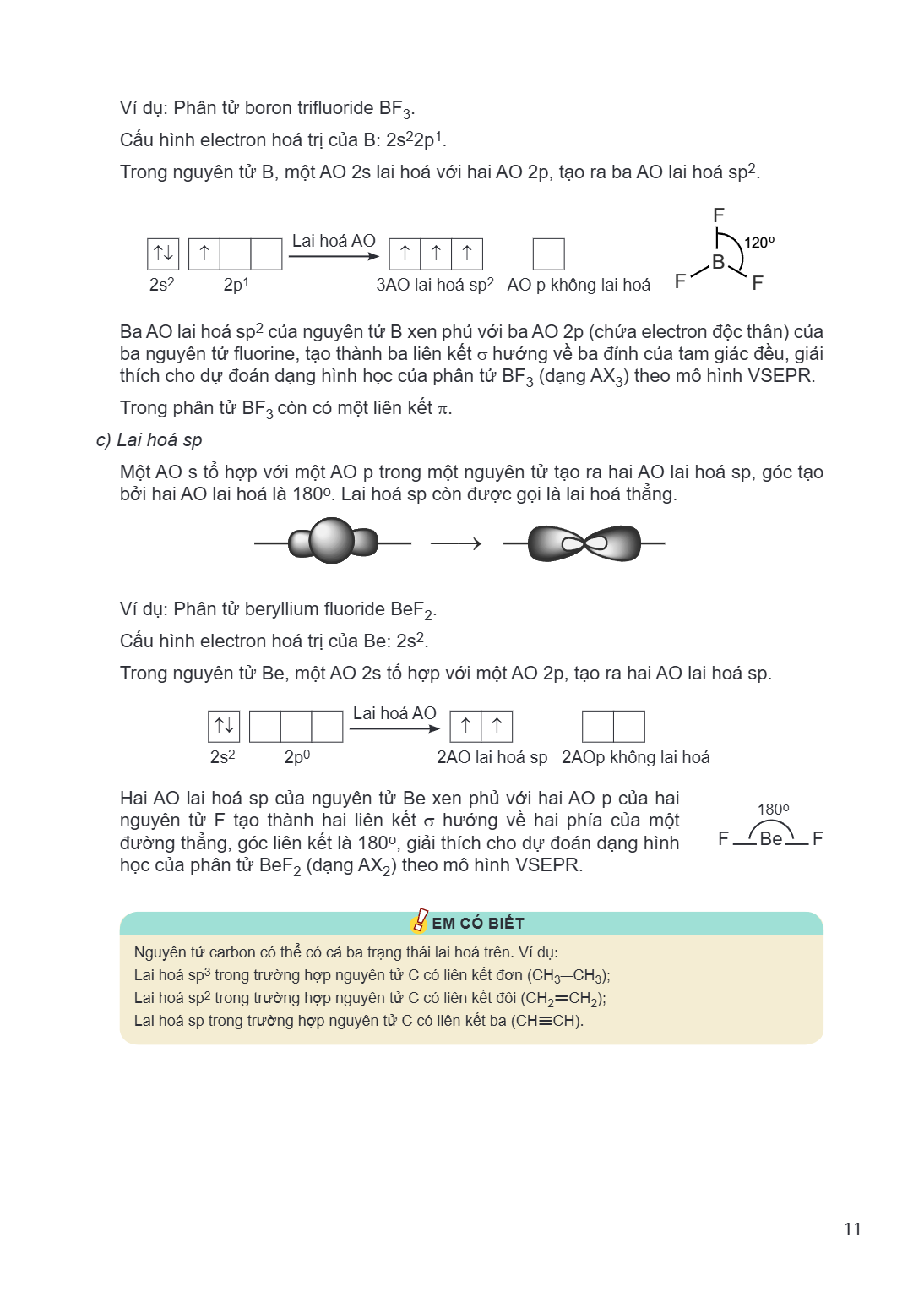 Ví dụ: Phân tử boron trifluoride BF$_{3}$. Cấu hình electron hoá trị của B: 2s$^{2}$2p$^{1}$. Trong nguyên tử B, một AO 2s lai hoá với hai AO 2p, tạo ra ba AO l