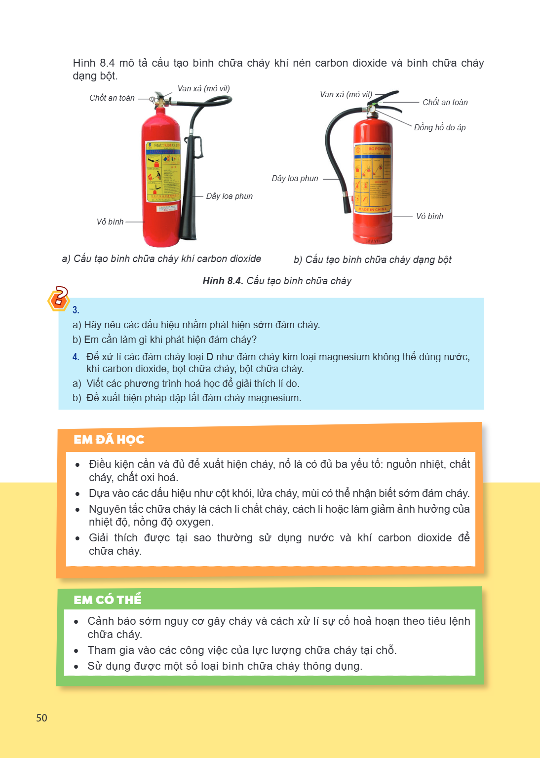 Hình 8.4 mô tả cấu tạo bình chữa cháy khí nén carbon dioxide và bình chữa cháy dạng bột. Chốt an toàn Van xả (mở vịt) Dây loa phun Vỏ bình a) Cấu tạo bình chữa 