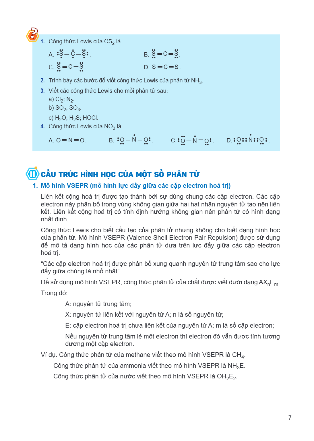 Công thức Lewis của CS₂ là A. $\ddot{\text{S}}-\dot{\text{C}}-\ddot{\text{S}}.$ B. $\ddot{\text{S}}=\text{C}=\ddot{\text{S}}.$ C. $\ddot{\text{S}}=\text{C}-\ddo