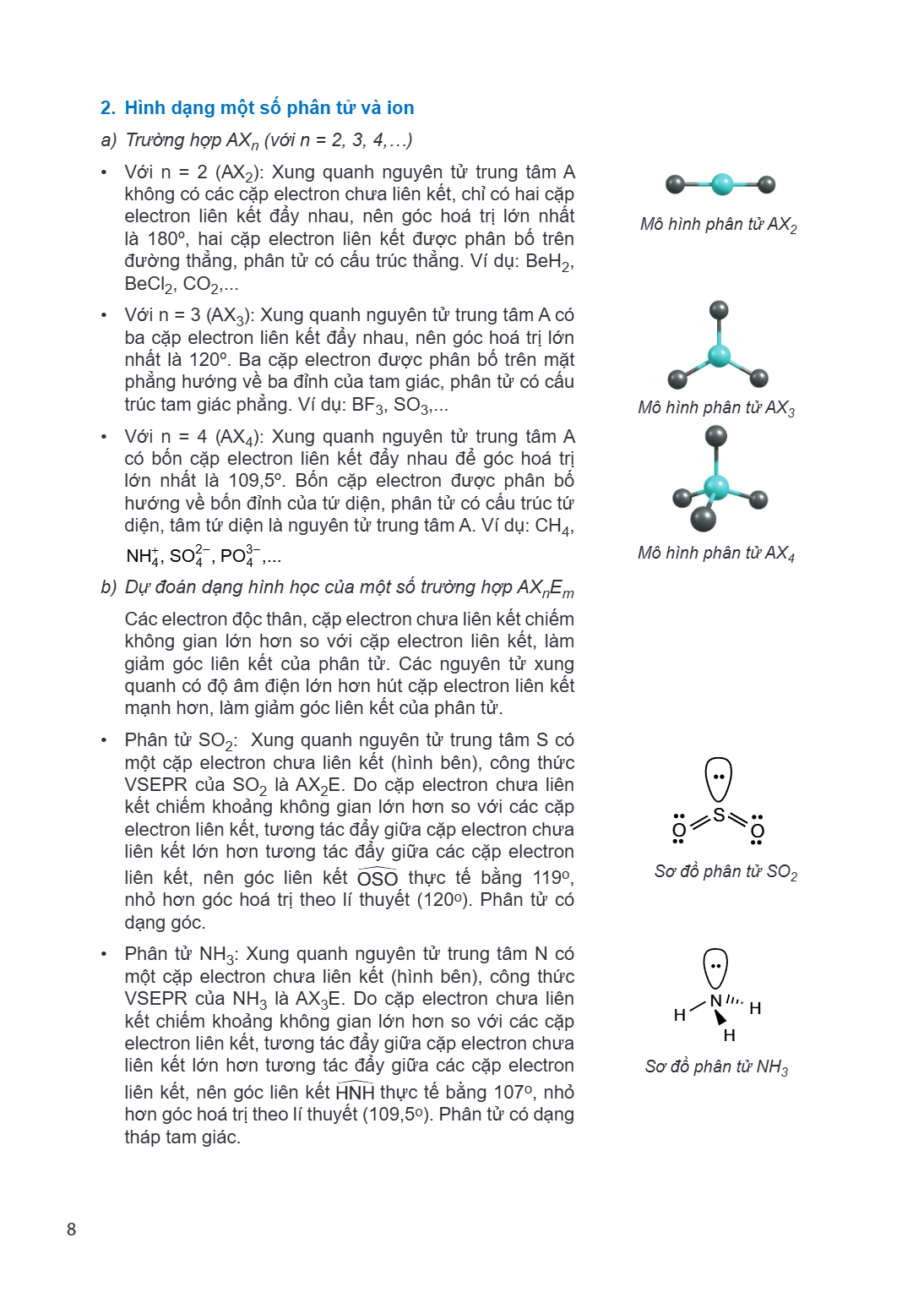 2. Hình dạng một số phân tử và ion a) Trường hợp $AX_n$ (với n = 2, 3, 4,...) Với n = 2 ($AX_2$): Xung quanh nguyên tử trung tâm A không có các cặp electron chư