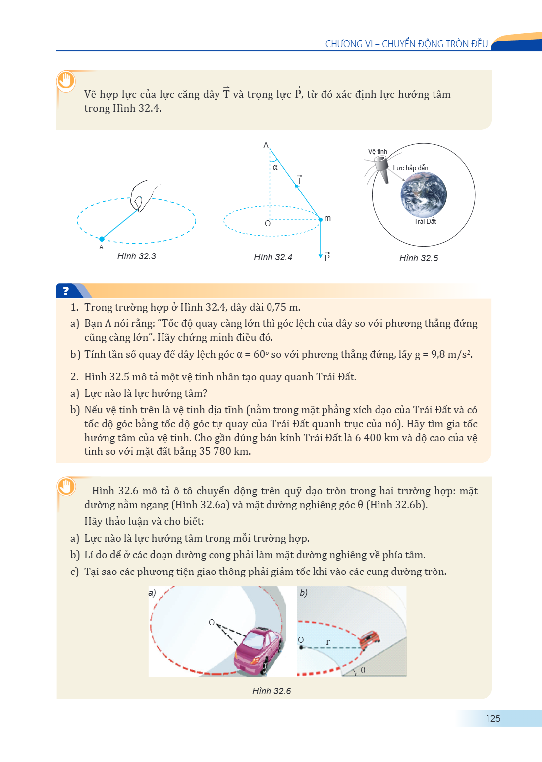 CHƯƠNG VI – CHUYỂN ĐỘNG TRÒN ĐỀU Vẽ hợp lực của lực căng dây $\vec{T}$ và trọng lực $\vec{P}$, từ đó xác định lực hướng tâm trong Hình 32.4. Hình 32.3 Hình 32.4