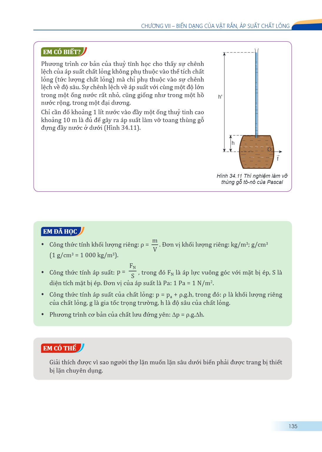 CHƯƠNG VII – BIẾN DẠNG CỦA VẬT RẮN, ÁP SUẤT CHẤT LỎNG EM CÓ BIẾT? Phương trình cơ bản của thuỷ tĩnh học cho thấy sự chênh lệch của áp suất chất lỏng không phụ t