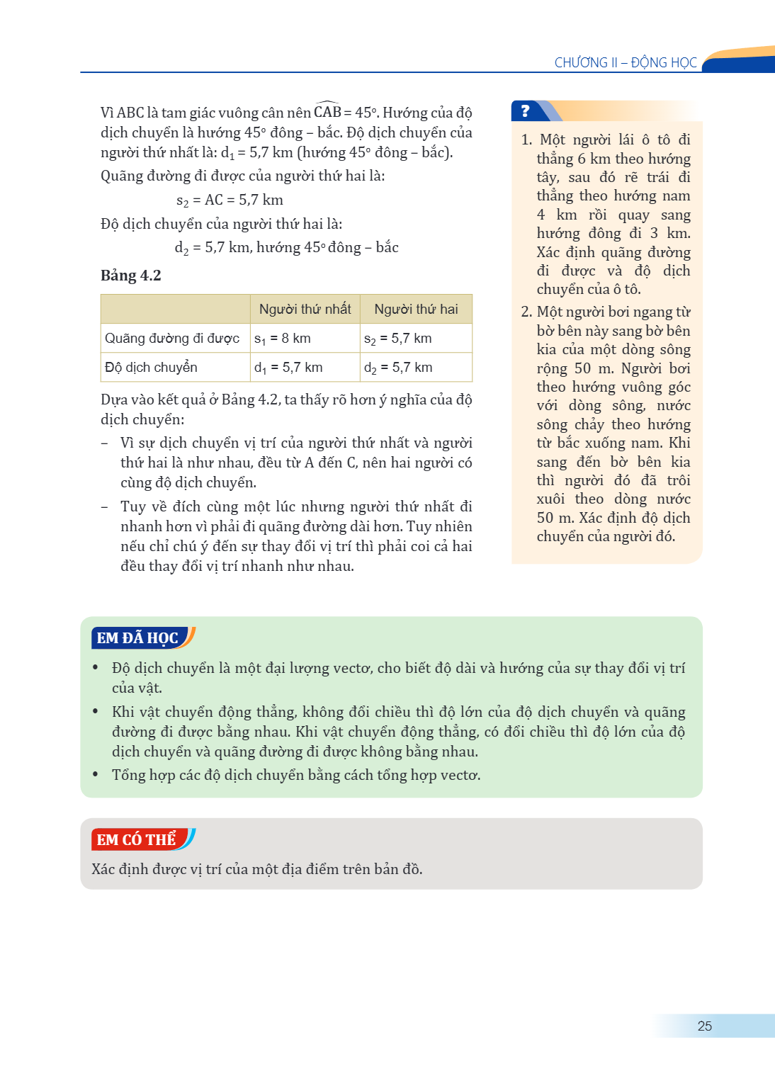 CHƯƠNG II – ĐỘNG HỌC Vì ABC là tam giác vuông cân nên $\widehat{CAB} = 45^o$. Hướng của độ dịch chuyển là hướng $45^o$ đông – bắc. Độ dịch chuyển của người thứ 