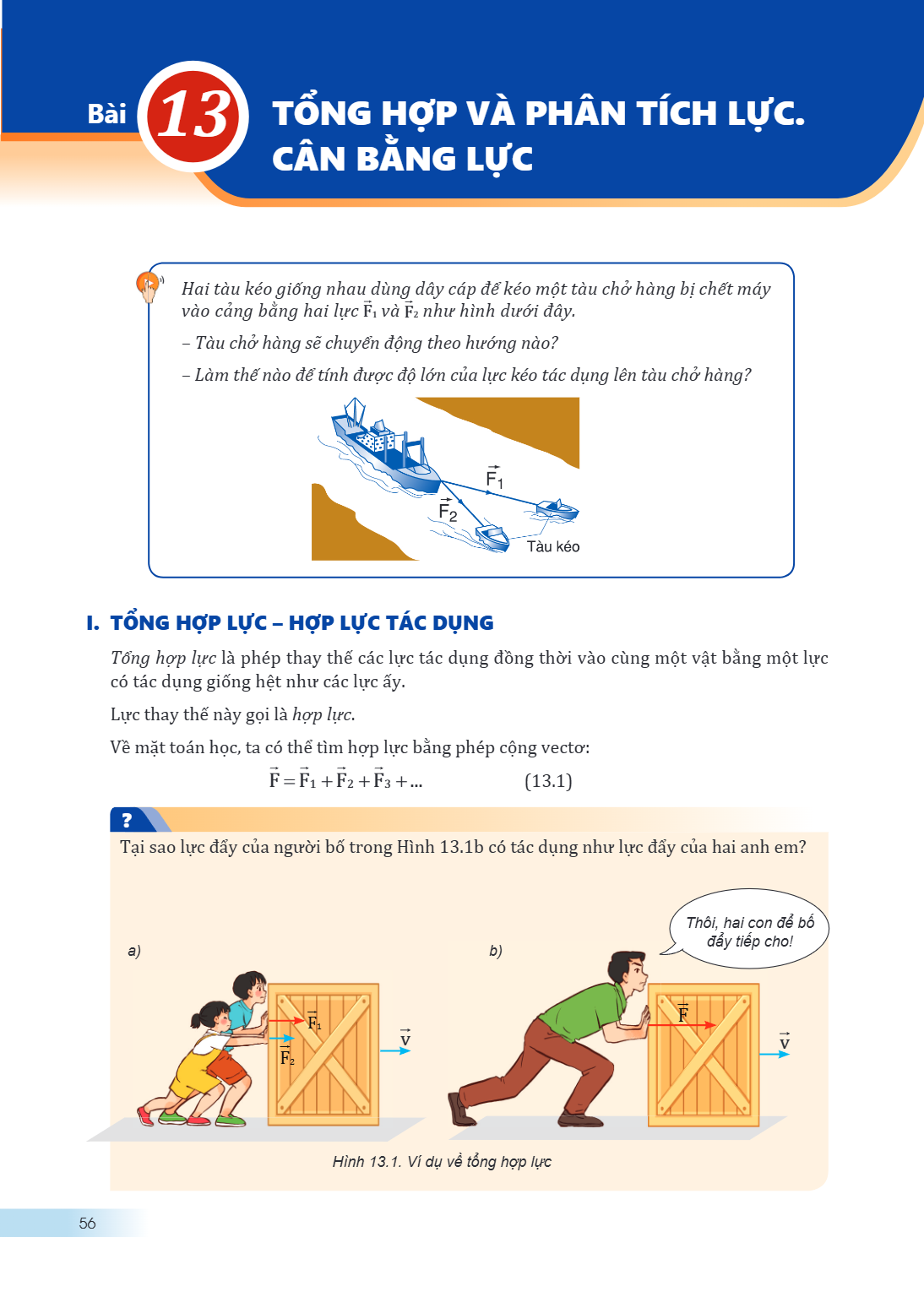 Bài 13. TỔNG HỢP VÀ PHÂN TÍCH LỰC. CÂN BẰNG LỰC Hai tàu kéo giống nhau dùng dây cáp để kéo một tàu chở hàng bị chết máy vào cảng bằng hai lực $\vec{F}_1$ và $\v
