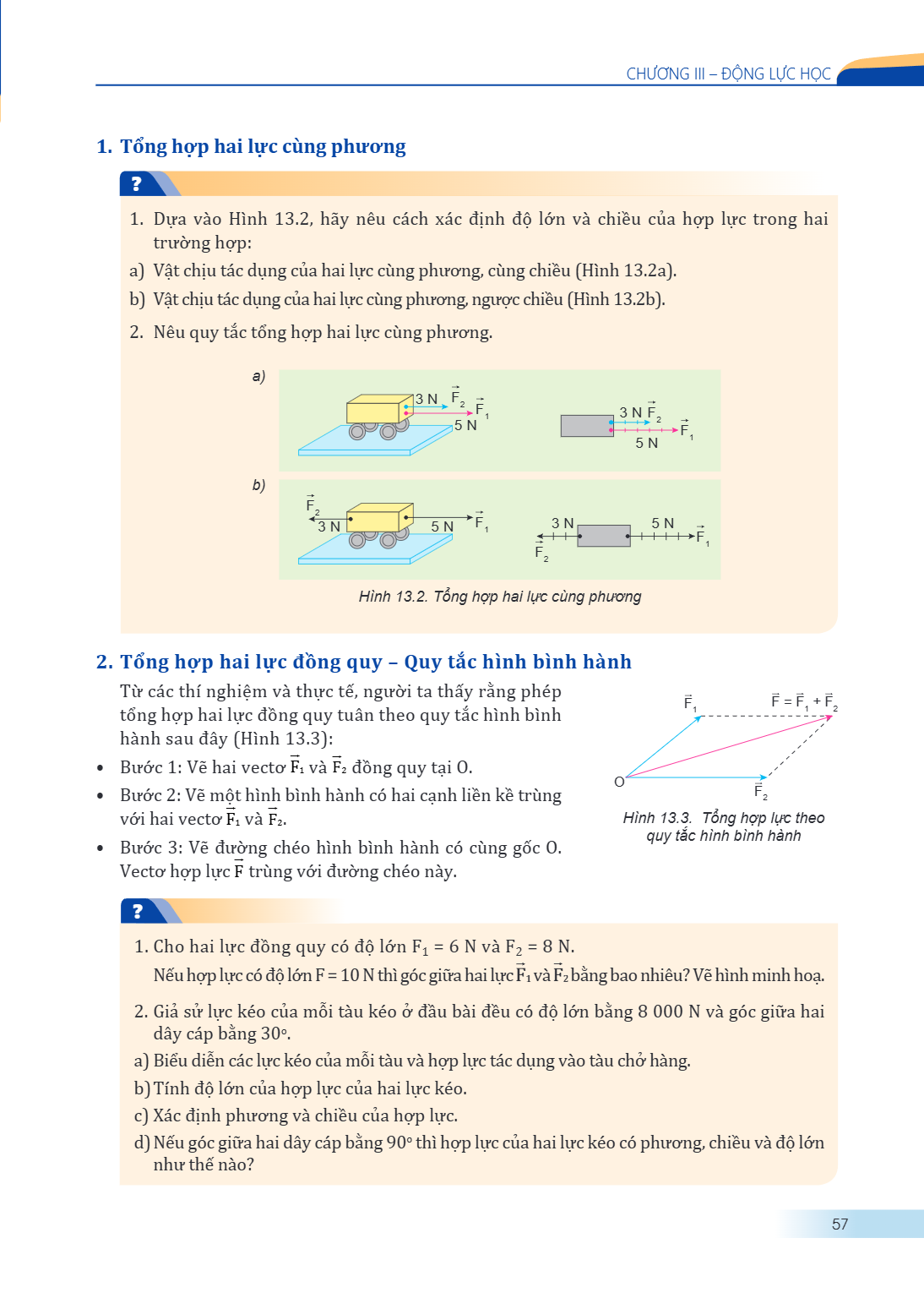 Chương III – ĐỘNG LỰC HỌC 1. Tổng hợp hai lực cùng phương ? Dựa vào Hình 13.2, hãy nêu cách xác định độ lớn và chiều của hợp lực trong hai trường hợp: a) Vật ch
