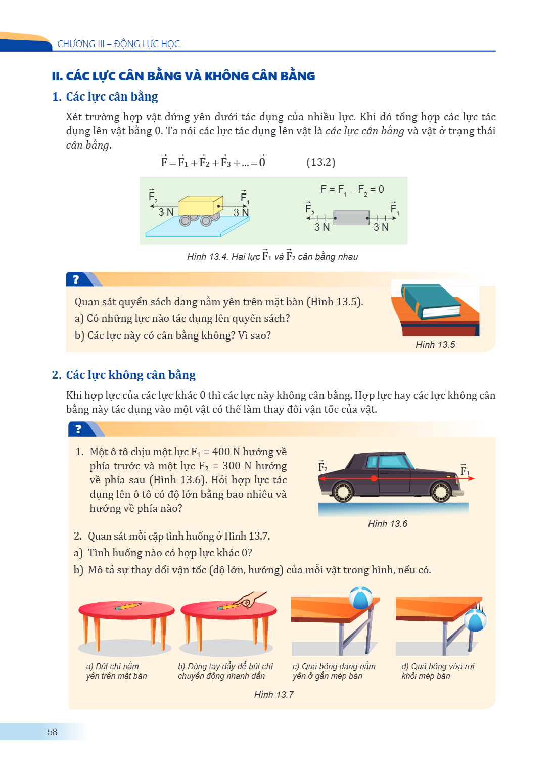 CHƯƠNG III – ĐỘNG LỰC HỌC II. CÁC LỰC CÂN BẰNG VÀ KHÔNG CÂN BẰNG 1. Các lực cân bằng Xét trường hợp vật đứng yên dưới tác dụng của nhiều lực. Khi đó tổng hợp cá