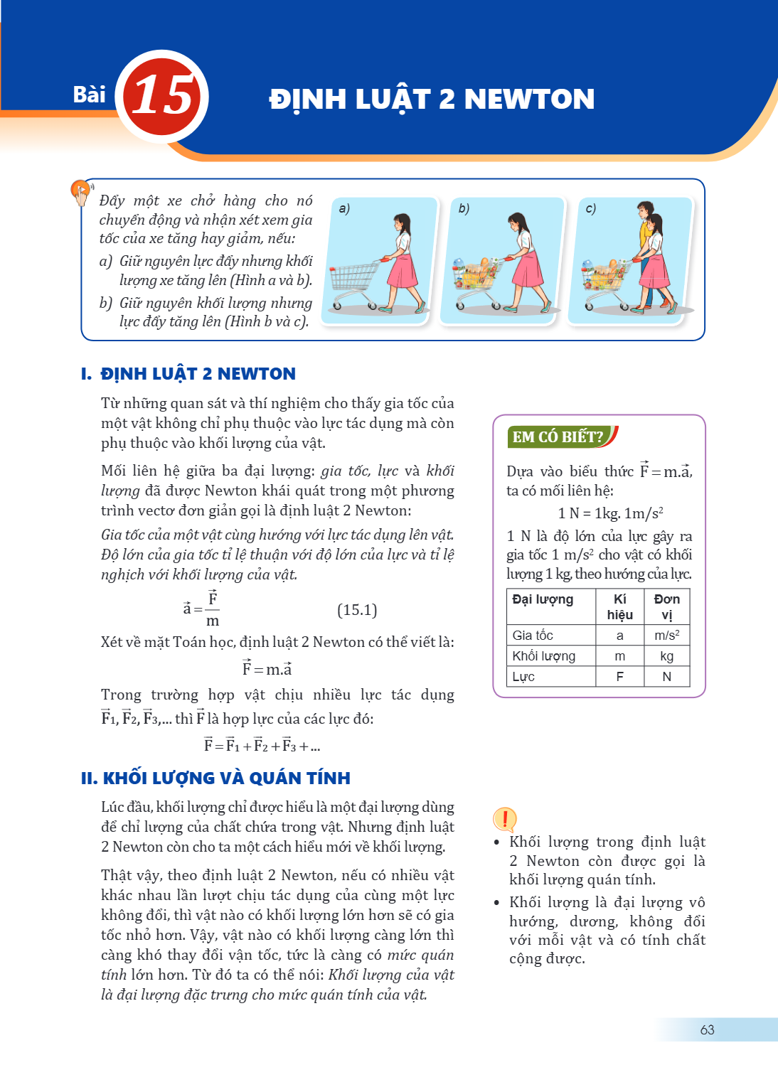 Bài 15. Định luật 2 Newton Đẩy một xe chở hàng cho nó chuyển động và nhận xét xem gia tốc của xe tăng hay giảm, nếu: a) Giữ nguyên lực đẩy nhưng khối lượng xe t