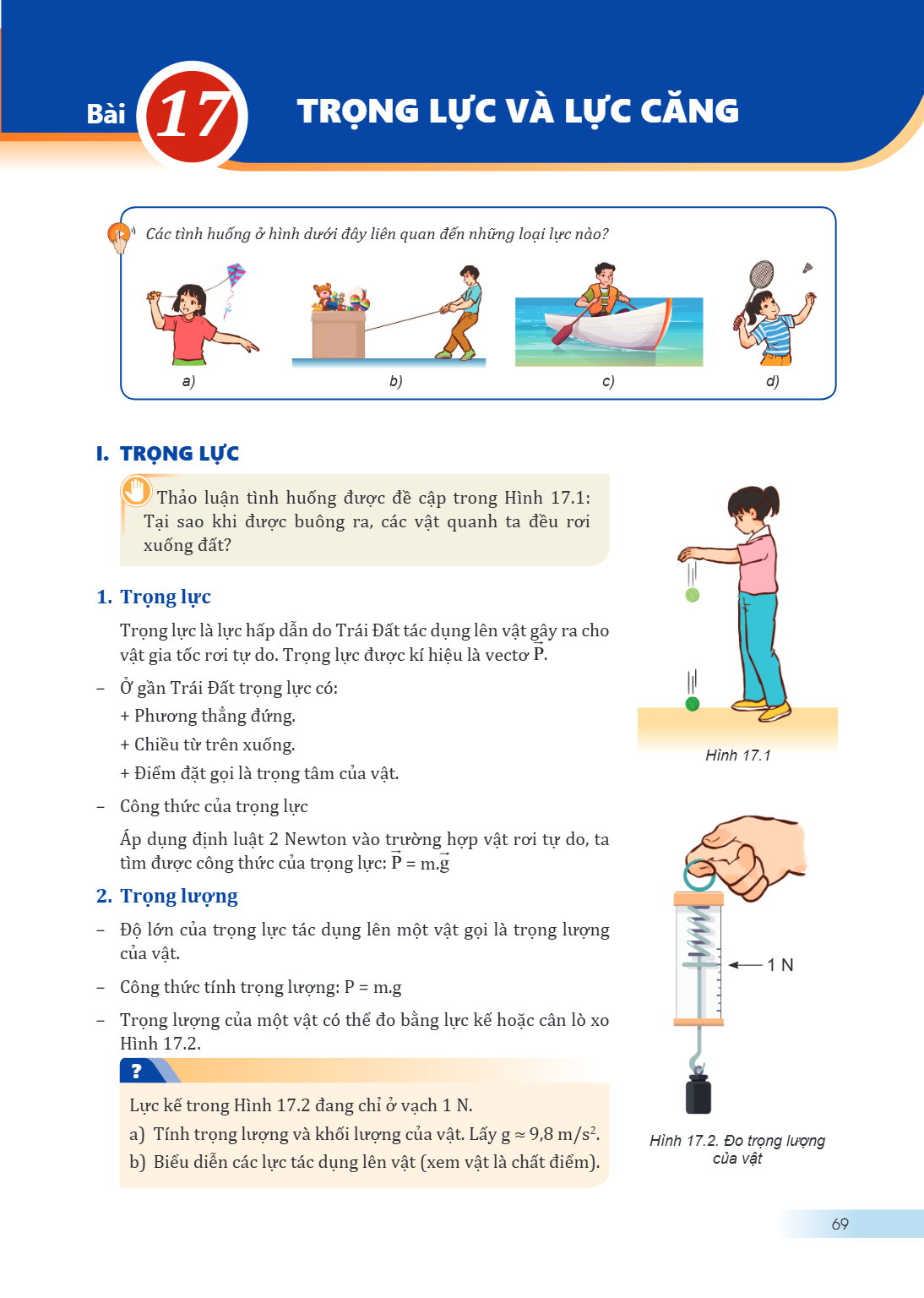 Bài 17. Trọng lực và lực căng Các tình huống ở hình dưới đây liên quan đến những loại lực nào? a) b) c) d) I. TRỌNG LỰC Thảo luận tình huống được đề cập trong H