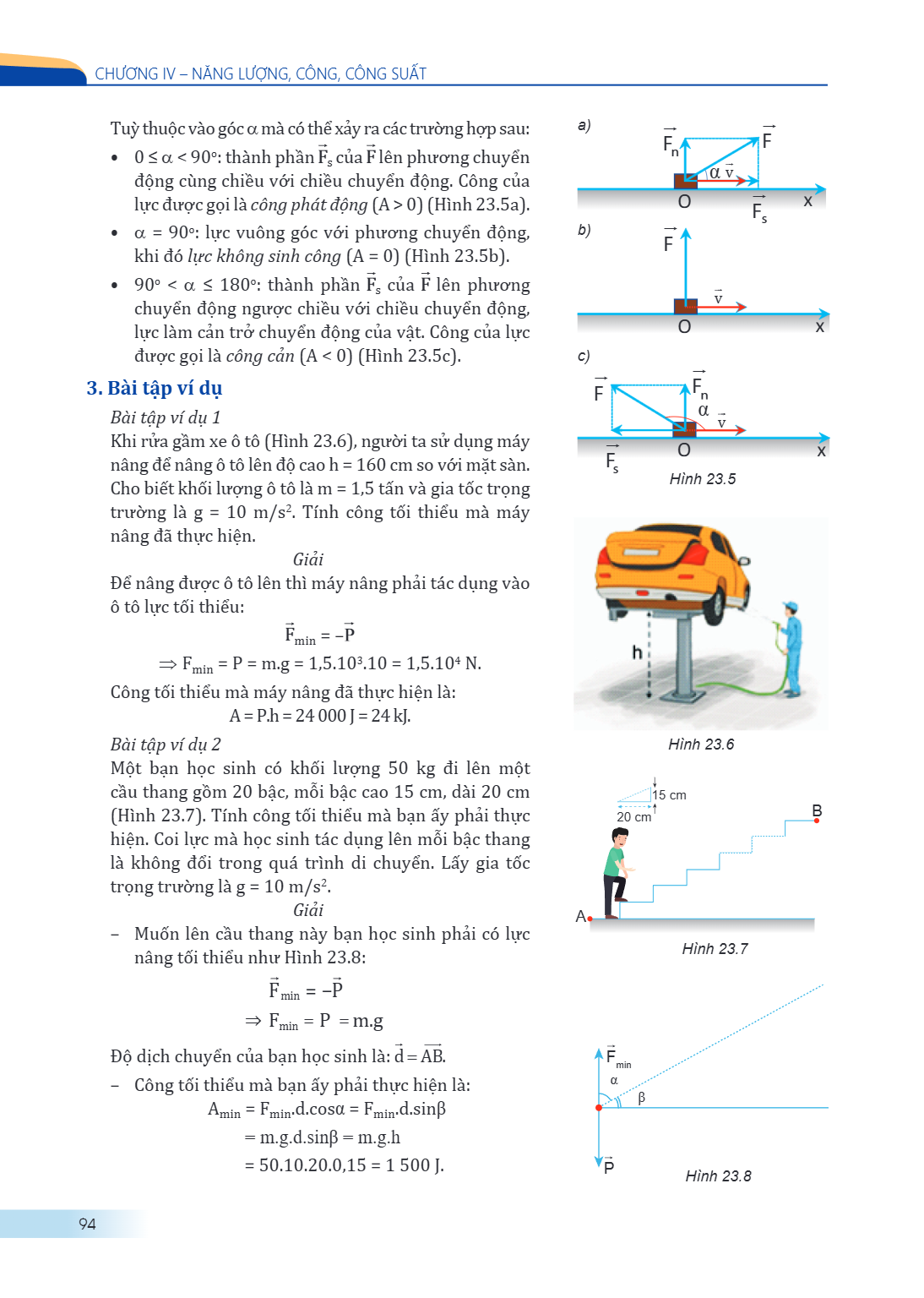 CHƯƠNG IV – NĂNG LƯỢNG, CÔNG, CÔNG SUẤT Tuy thuộc vào góc $\alpha$ mà có thể xảy ra các trường hợp sau: $0 \le \alpha < 90^\circ$: thành phần $\vec{F}_s$ của $\