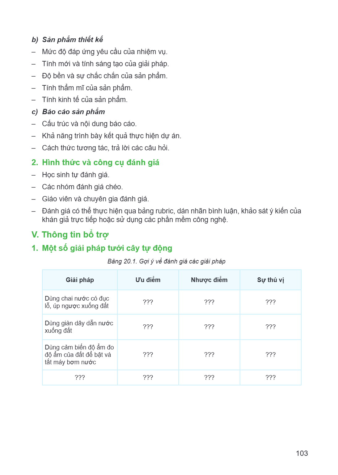 b) Sản phẩm thiết kế – Mức độ đáp ứng yêu cầu của nhiệm vụ. – Tính mới và tính sáng tạo của giải pháp. – Độ bền và sự chắc chắn của sản phẩm. – Tính thẩm mĩ của