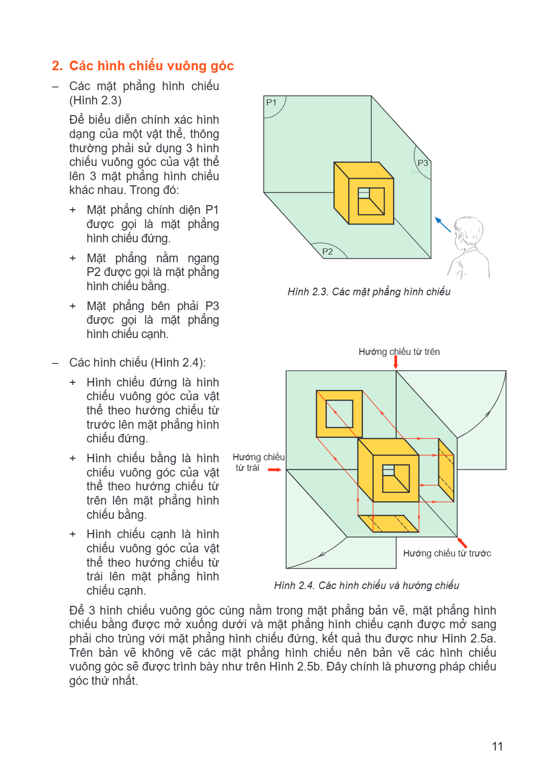 2. Các hình chiếu vuông góc Các mặt phẳng hình chiếu (Hình 2.3) P1 Để biểu diễn chính xác hình dạng của một vật thể, thông thường phải sử dụng 3 hình chiếu vuôn