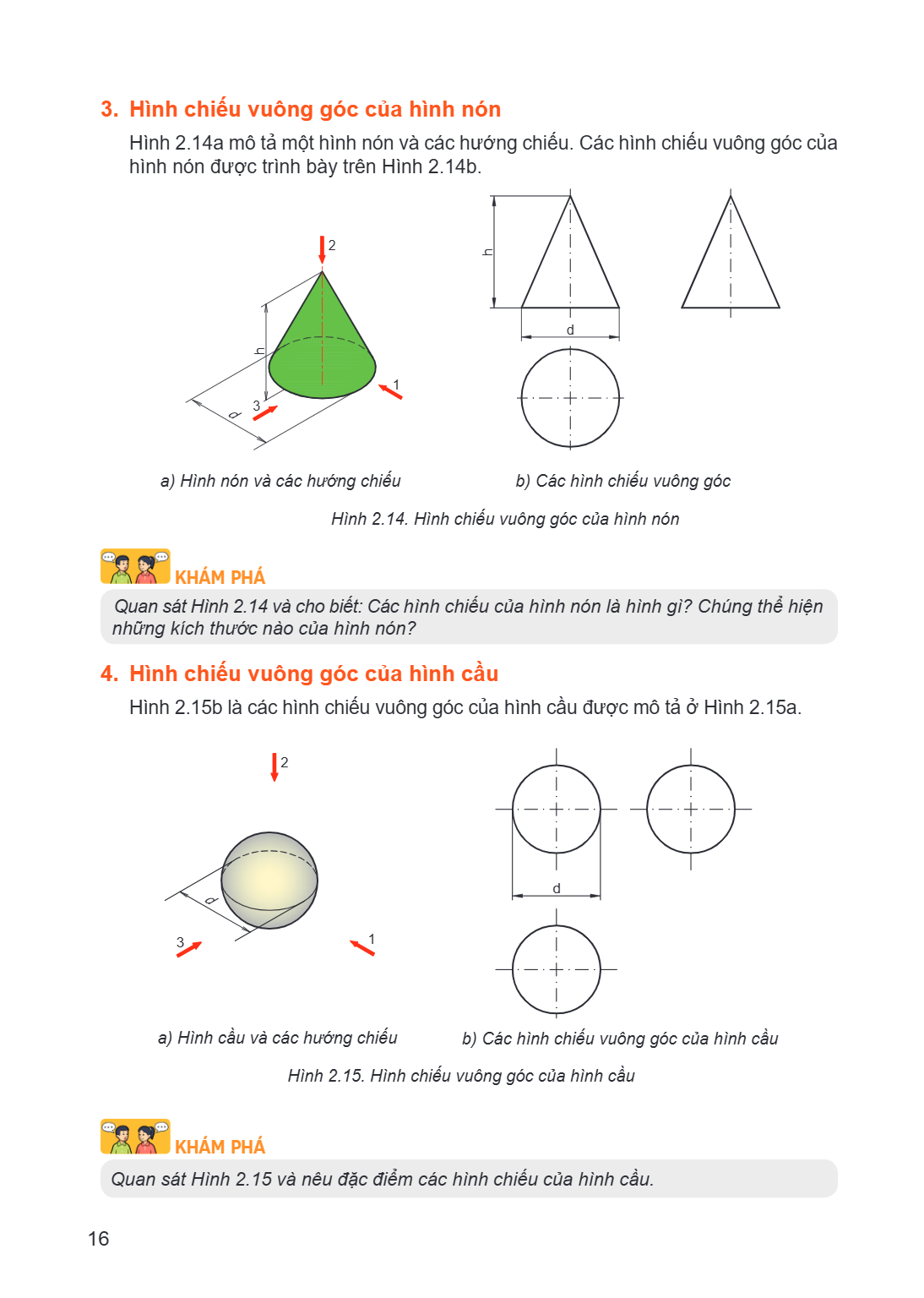 3. Hình chiếu vuông góc của hình nón Hình 2.14a mô tả một hình nón và các hướng chiếu. Các hình chiếu vuông góc của hình nón được trình bày trên Hình 2.14b. 2 d