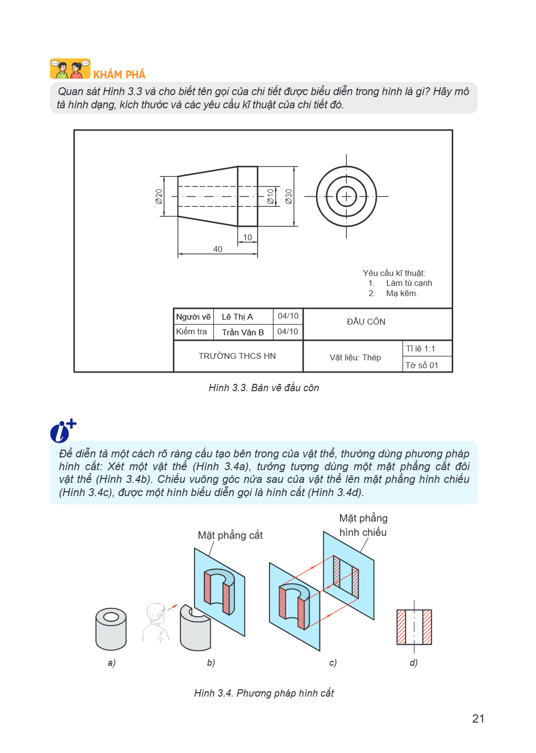 KHÁM PHÁ Quan sát Hình 3.3 và cho biết tên gọi của chi tiết được biểu diễn trong hình là gì? Hãy mô tả hình dạng, kích thước và các yêu cầu kĩ thuật của chi tiế