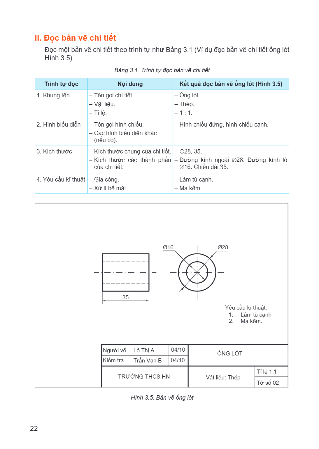 II. Đọc bản vẽ chi tiết Đọc một bản vẽ chi tiết theo trình tự như Bảng 3.1 (Ví dụ đọc bản vẽ chi tiết ống lót Hình 3.5). Bảng 3.1. Trình tự đọc bản vẽ chi tiết 