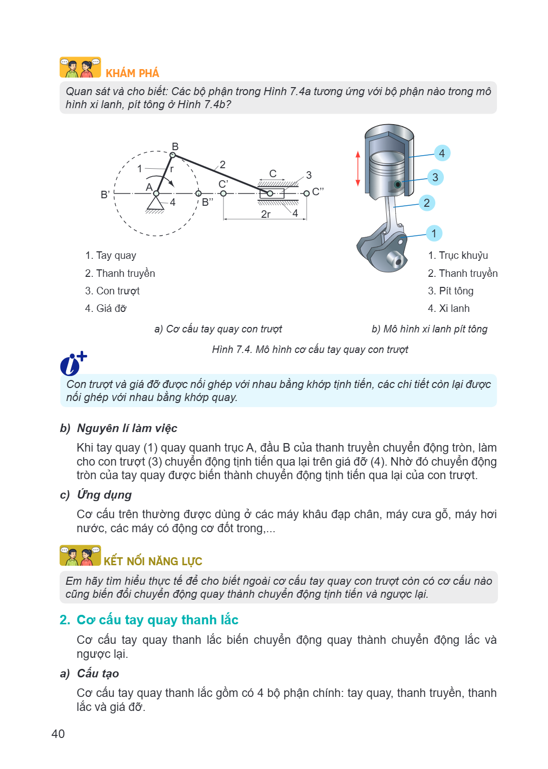 KHÁM PHÁ Quan hình xi, sát và cho biết: Các bộ phận trong Hình 7.4a tương ứng với bộ phận nào trong mô lanh, pít tông ở Hình 7.4b? B 4 1 r 2 C 3 3 A C' B' C'' 4