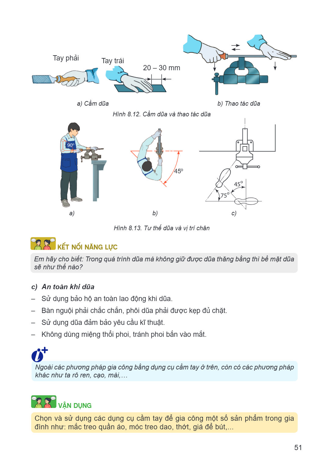 Tay phải Tay trái 20 - 30 mm Hình, 8.12. Cầm dũa và thao tác dũa a) Cầm dũa b) Thao tác dũa a) b) c) Hình 8.13. Tư thế dũa và vị trí chân KẾT NỐI NĂNG LỰC Em hã