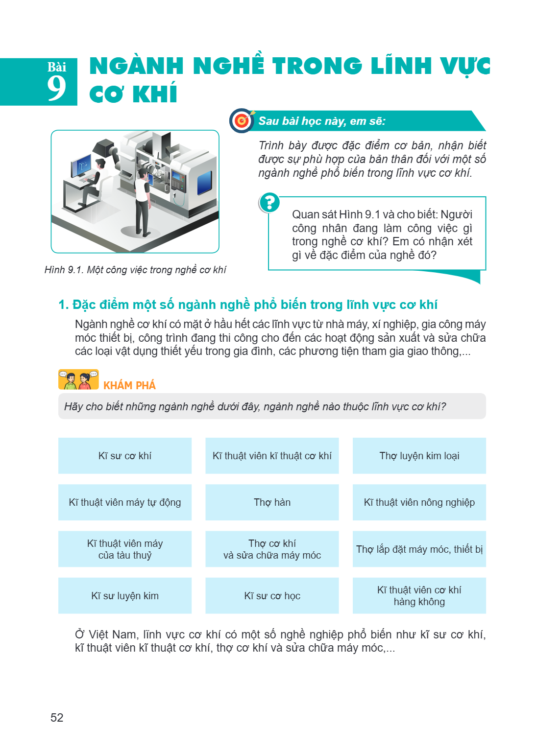 Bài 9. Ngành nghề trong lĩnh vực cơ khí Hình 9.1. Một công việc trong nghề cơ khí Sau bài học này, em sẽ: Trình bày được đặc điểm cơ bản, nhận biết được sự phù 