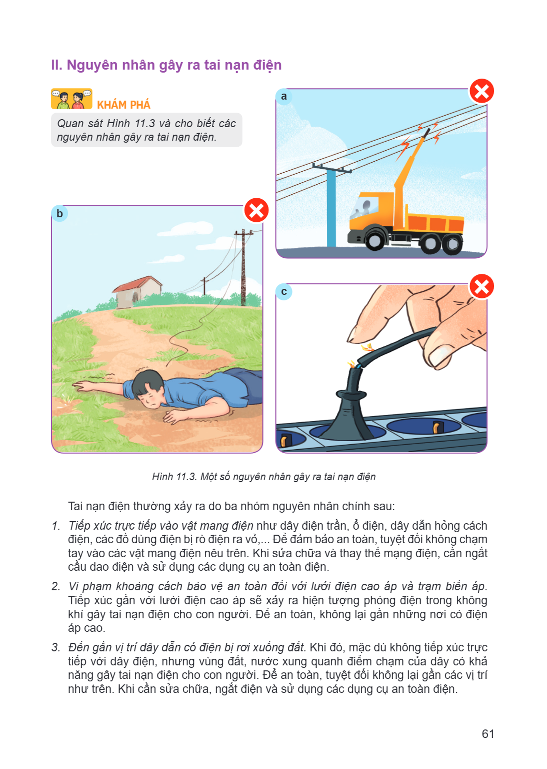II. Nguyên nhân gây ra tai nạn điện a KHÁM PHÁ Quan sát Hình 11.3 và cho biết các nguyên nhân gây ra tai nạn điện. b c Hình 11.3. Một số nguyên nhân gây ra tai 