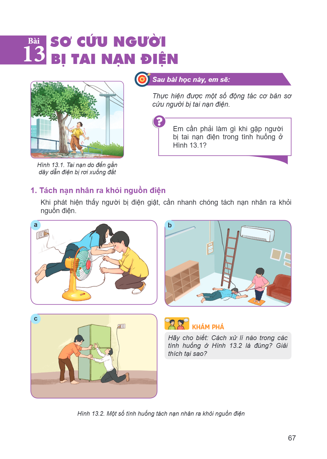 Bài 13. Sơ cứu người bị tai nạn điện Hình 13.1. Tai nạn do đến gần dây dẫn điện bị rơi xuống đất Sau bài học này, em sẽ: Thực hiện được một số động tác cơ bản s