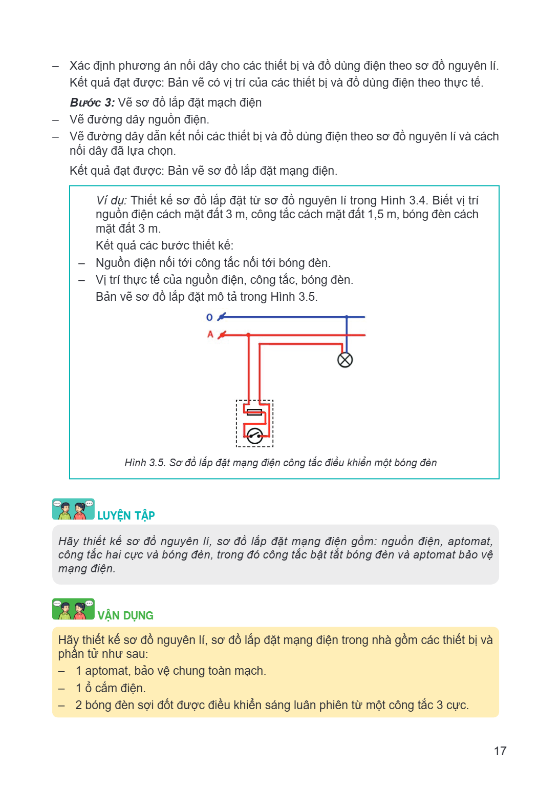 Xác định phương án nối dây cho các thiết bị và đồ dùng điện theo sơ đồ nguyên lí. Kết quả đạt được: Bản vẽ có vị trí của các thiết bị và đồ dùng điện theo thực 
