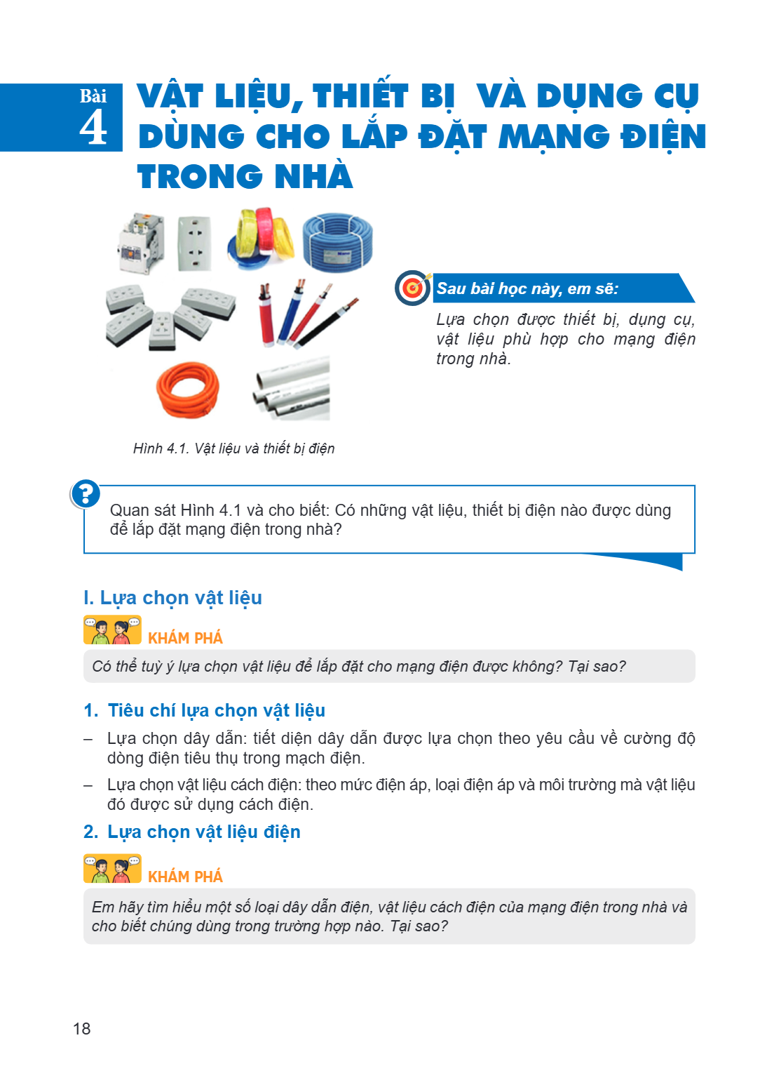 Bài 4. Vật liệu, thiết bị và dụng cụ dùng cho lắp đặt mạng điện trong nhà Hình 4.1. Vật liệu và thiết bị điện Sau bài học này, em sẽ: Lựa chọn được thiết bị, dụ