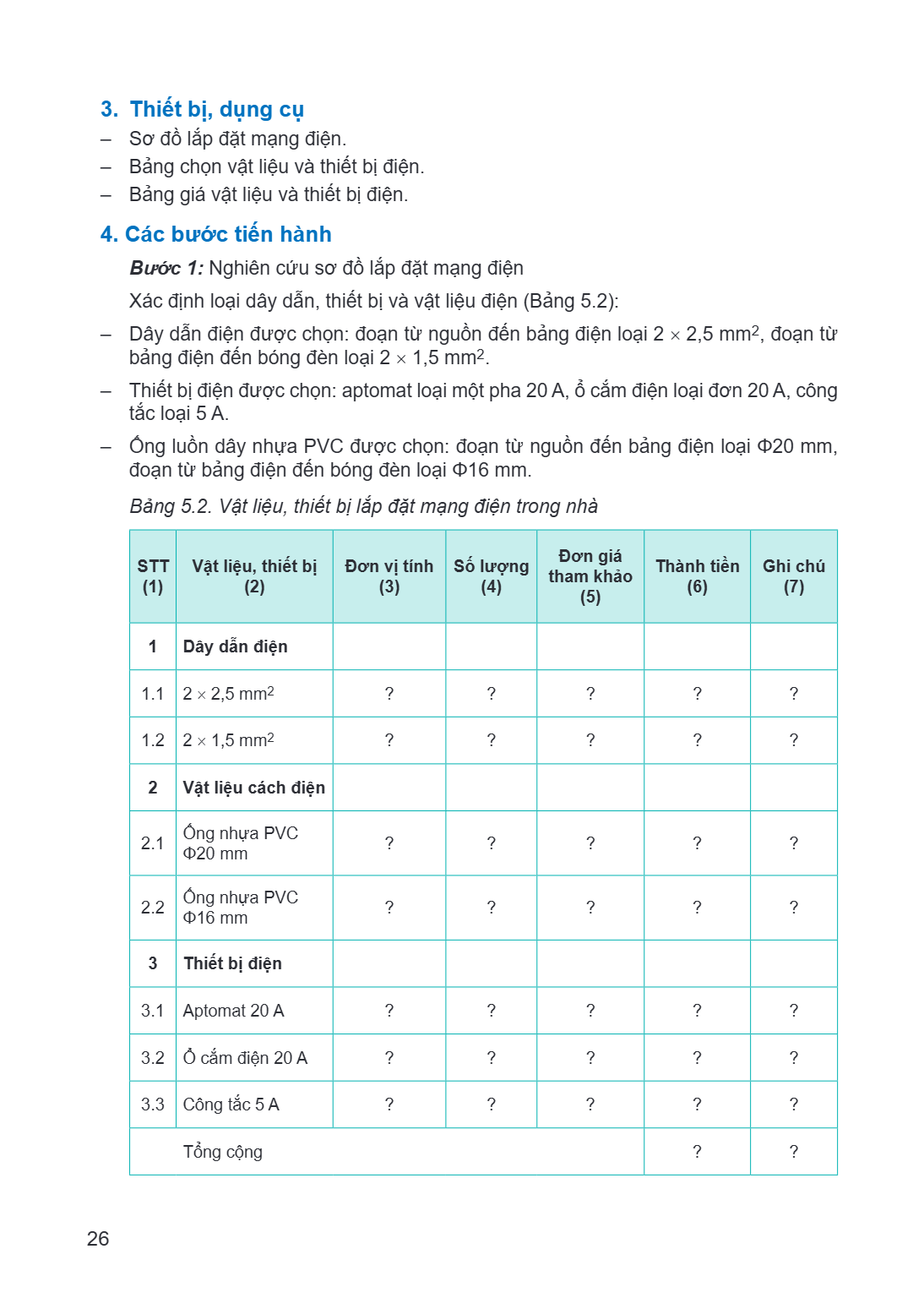 3. Thiết bị, dụng cụ – Sơ đồ lắp đặt mạng điện. – Bảng chọn vật liệu và thiết bị điện. – Bảng giá vật liệu và thiết bị điện. 4. Các bước tiến hành Bước 1: Nghiê