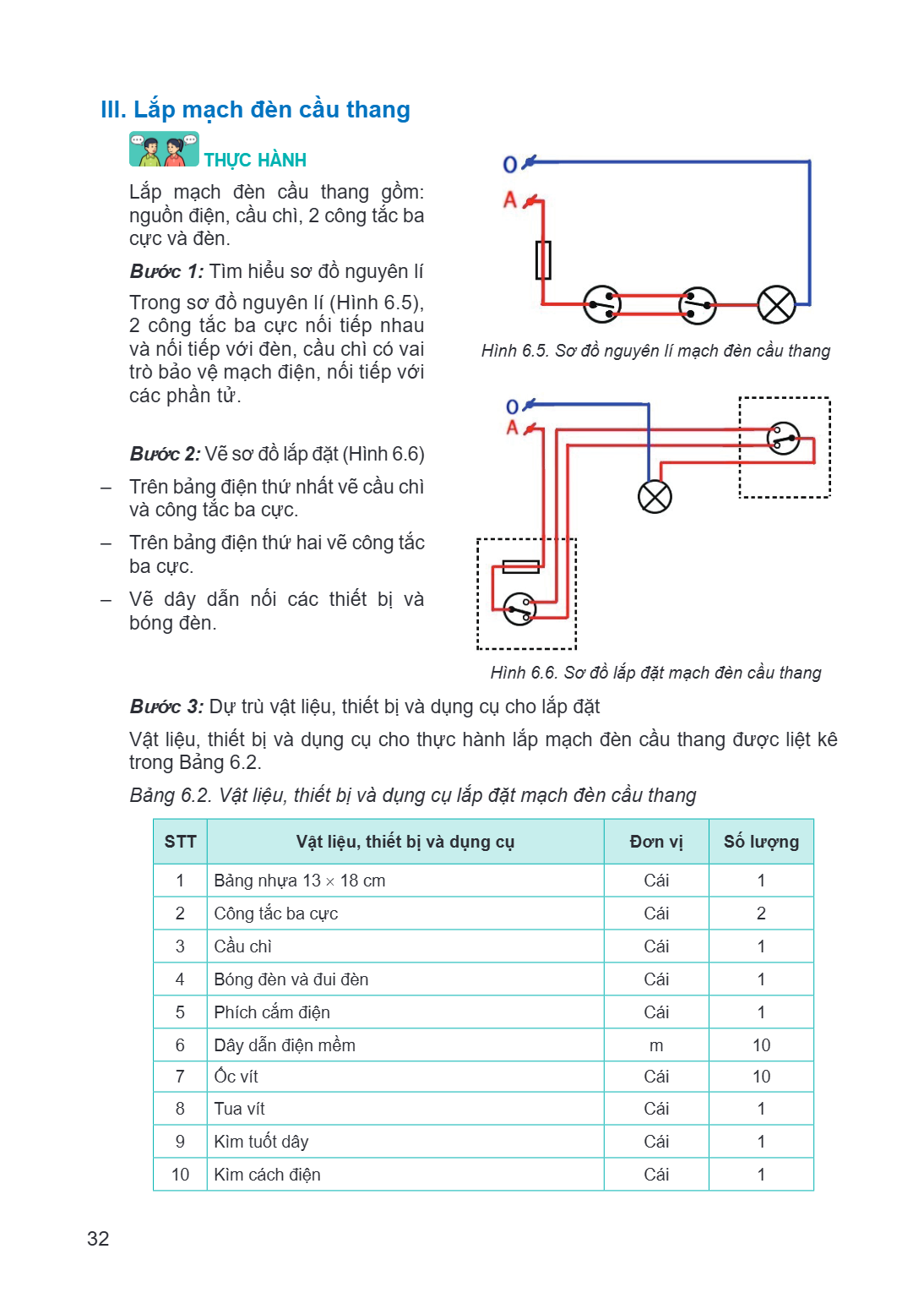 III. Lắp mạch đèn cầu thang THỰC HÀNH Lắp mạch đèn cầu thang gồm: nguồn điện, cầu chì, 2 công tắc ba cực và đèn. Bước 1: Tìm hiểu sơ đồ nguyên lí Trong sơ đồ ng
