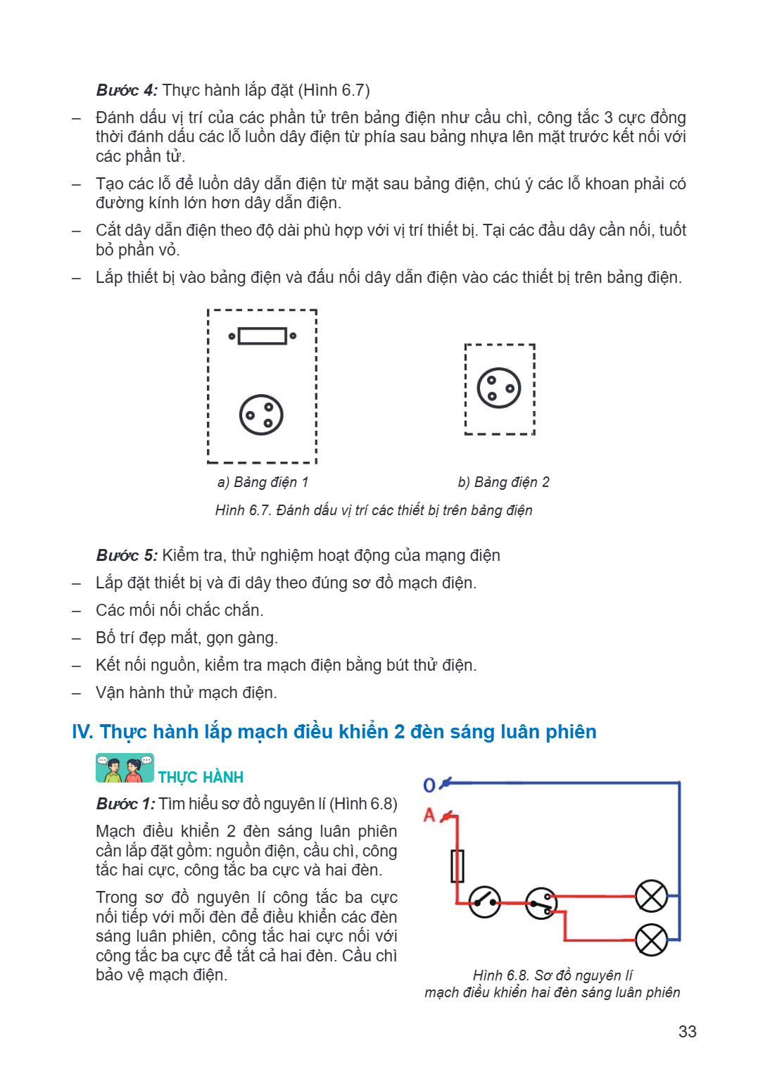 Bước 4: Thực hành lắp đặt (Hình 6.7) Đánh dấu vị trí của các phần tử trên bảng điện như cầu chì, công tắc 3 cực đồng thời đánh dấu các lỗ luồn dây điện từ phía 