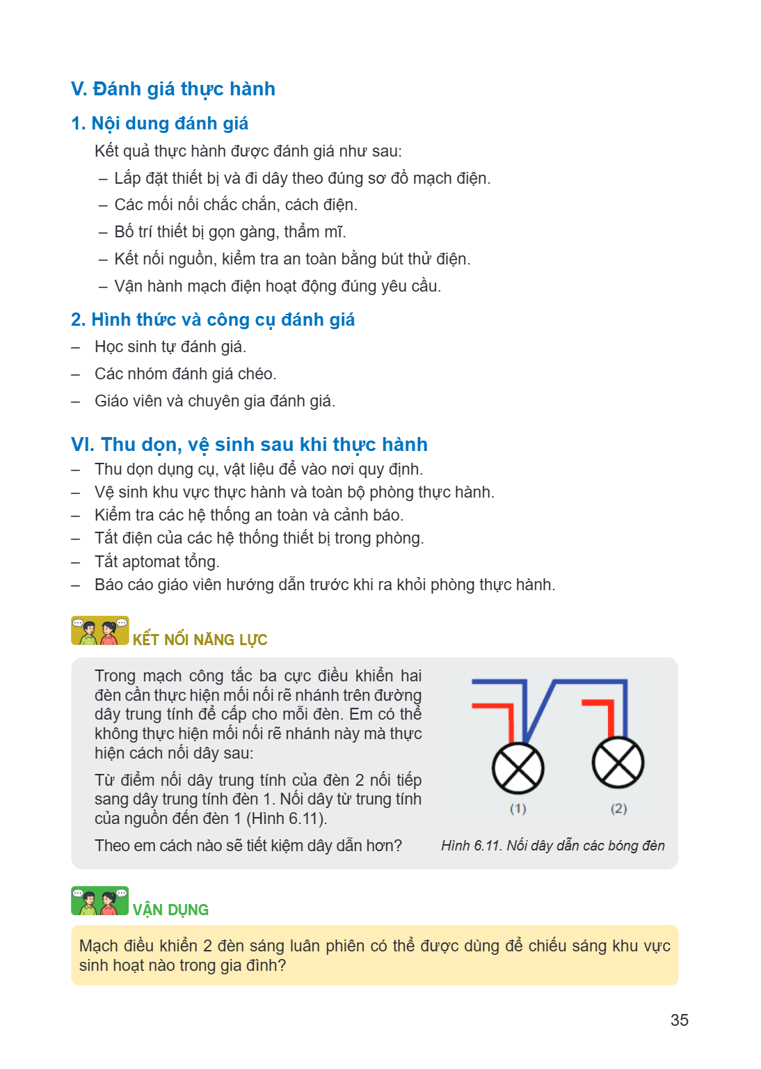 V. Đánh giá thực hành 1. Nội dung đánh giá Kết quả thực hành được đánh giá như sau: - Lắp đặt thiết bị và đi dây theo đúng sơ đồ mạch điện. - Các mối nối chắc c